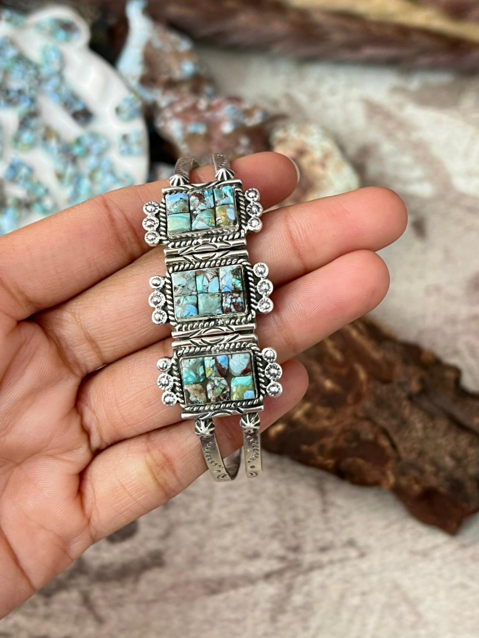 Handmade Sterling Silver Golden Hills Turquoise Cobble Collection Bracelet "Signed Nizhoni"