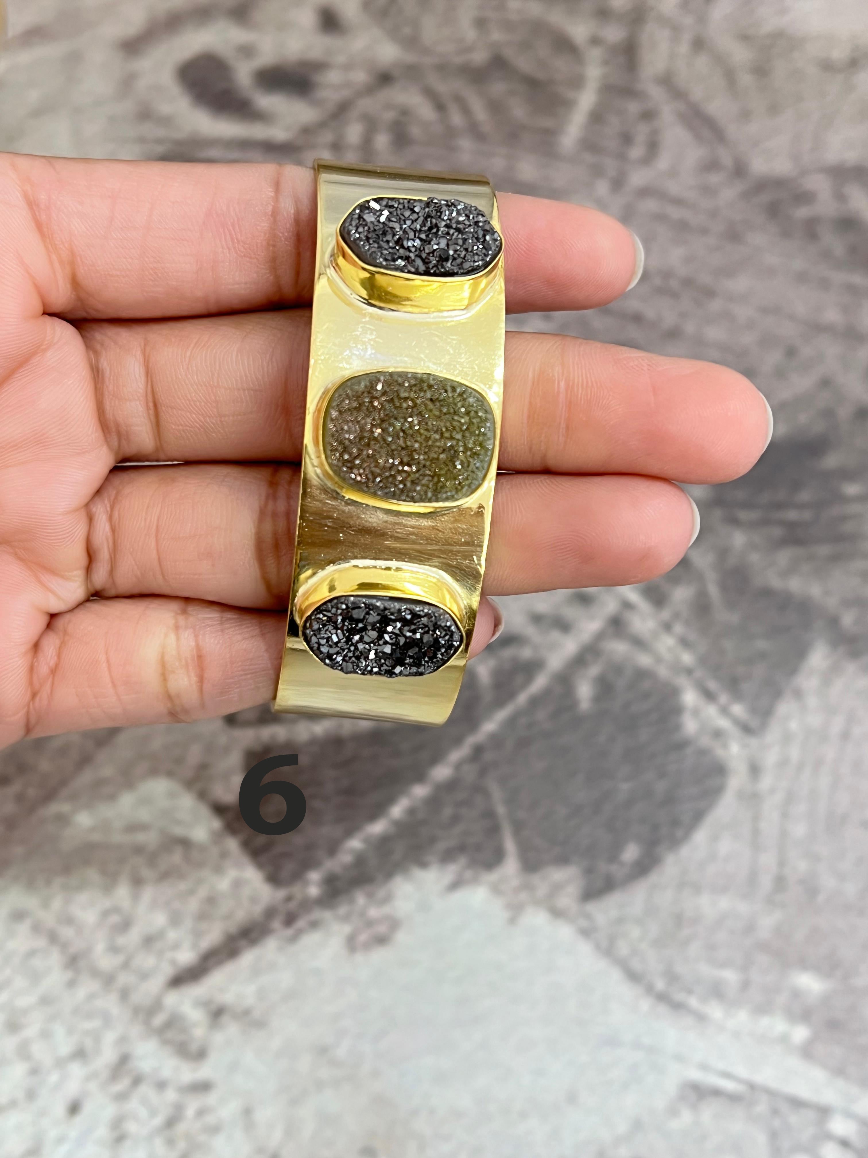“The Boho Collection” Handmade Natural Gold Plated 3 Stone Druzy Wide Cuff Bracelet