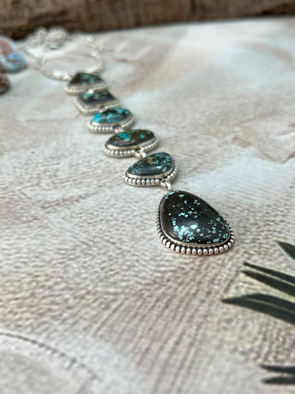 Handmade Sterling Silver Lander Turquoise Necklace with Signed Nizhoni