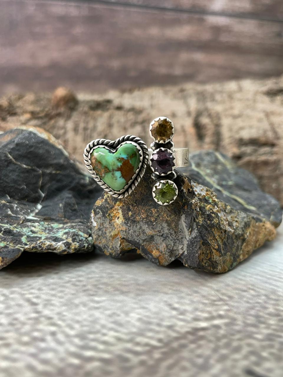 Handmade Sterling Silver Sonoran with Cut Stones Adjustable Ring "Signed Nizhoni"