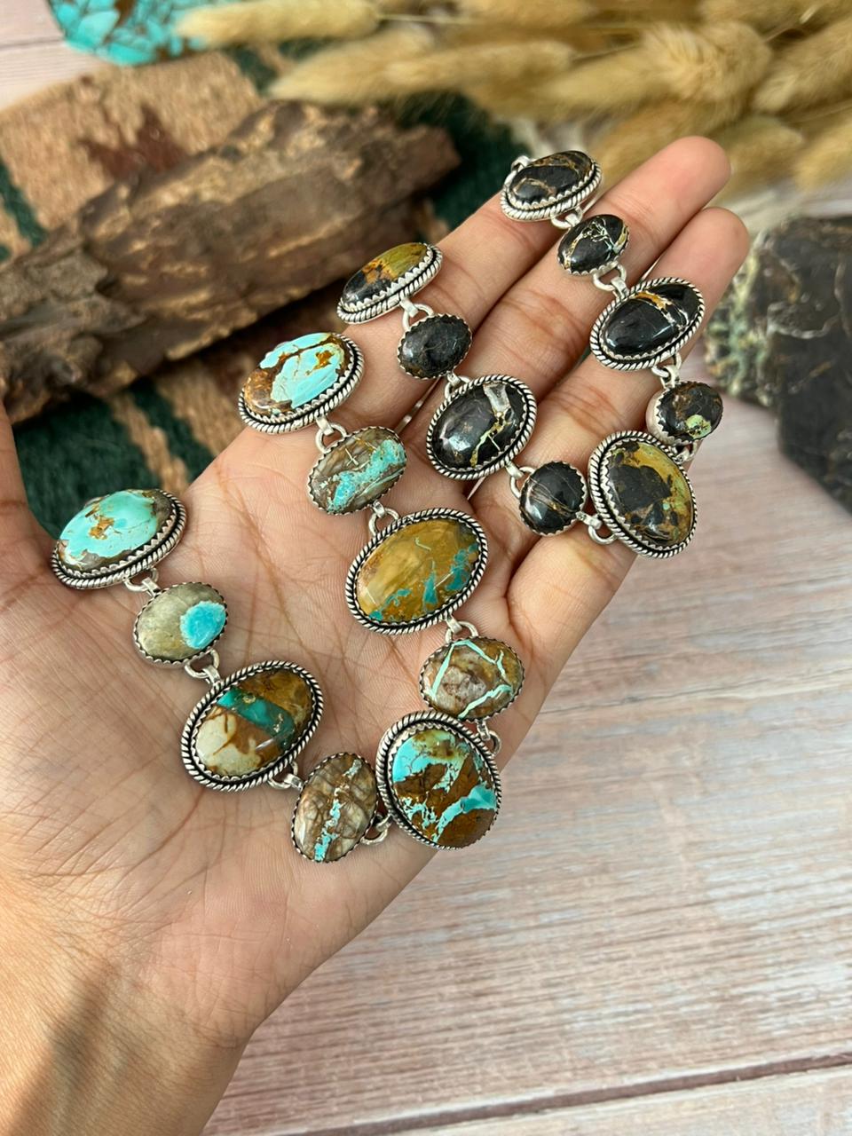Handmade Sterling Silver Ribbon Royston, Blackjack Turquoise Choker Necklace "Signed Nizhoni"