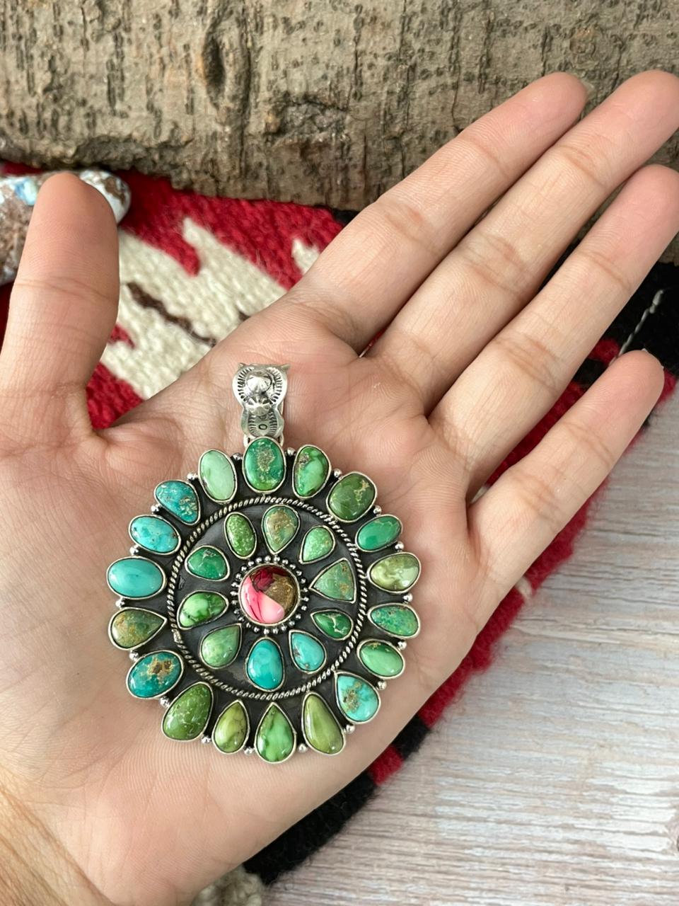 Handmade Sterling Silver Dahlia Rose with Emerald Valley Turquoise Pendant "Signed Nizhoni"