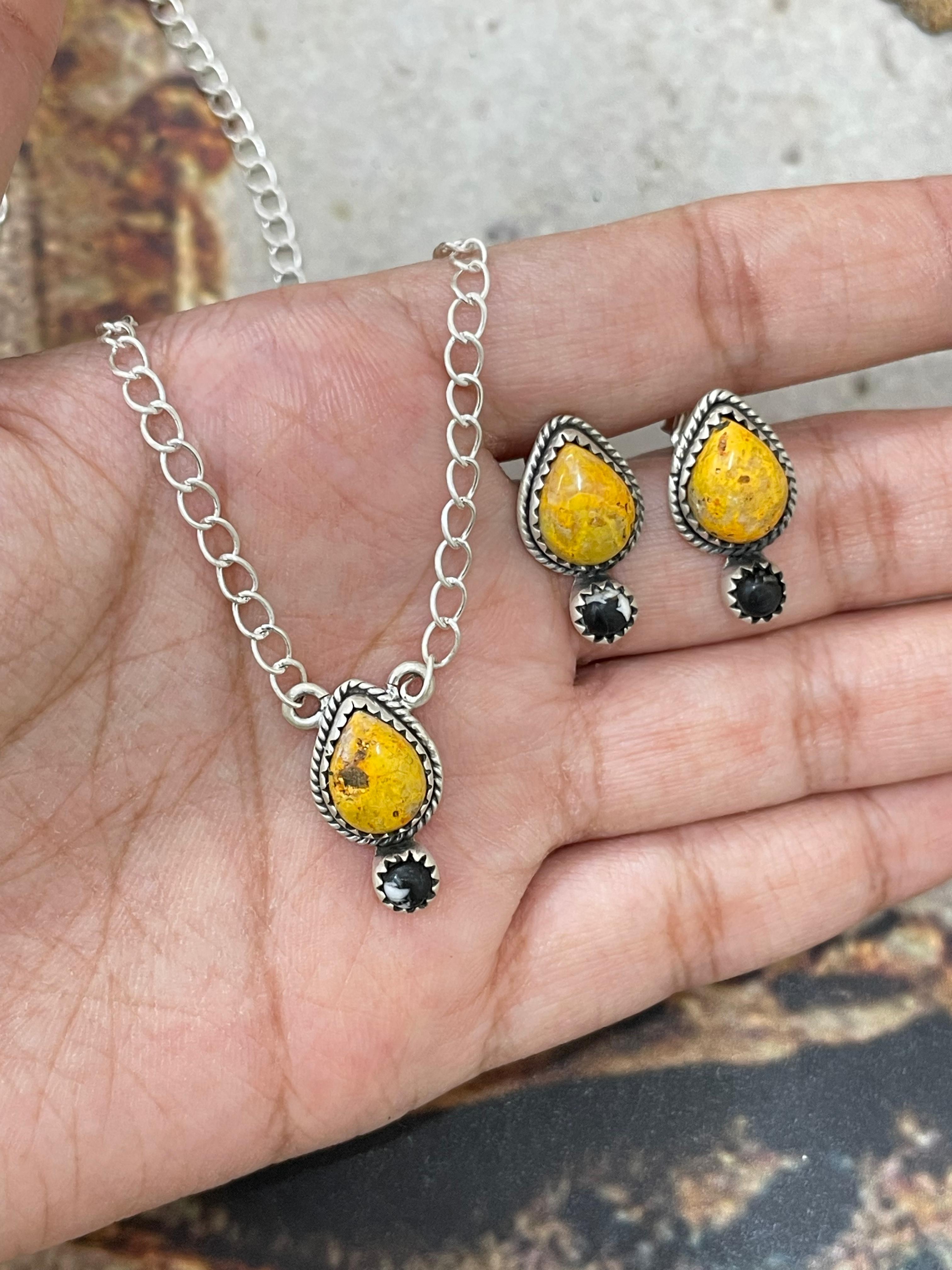 "Halloween Collection" Handmade Sterling Silver Black Onyx, Bumblebee Necklace Earring Set, Signed Nizhoni