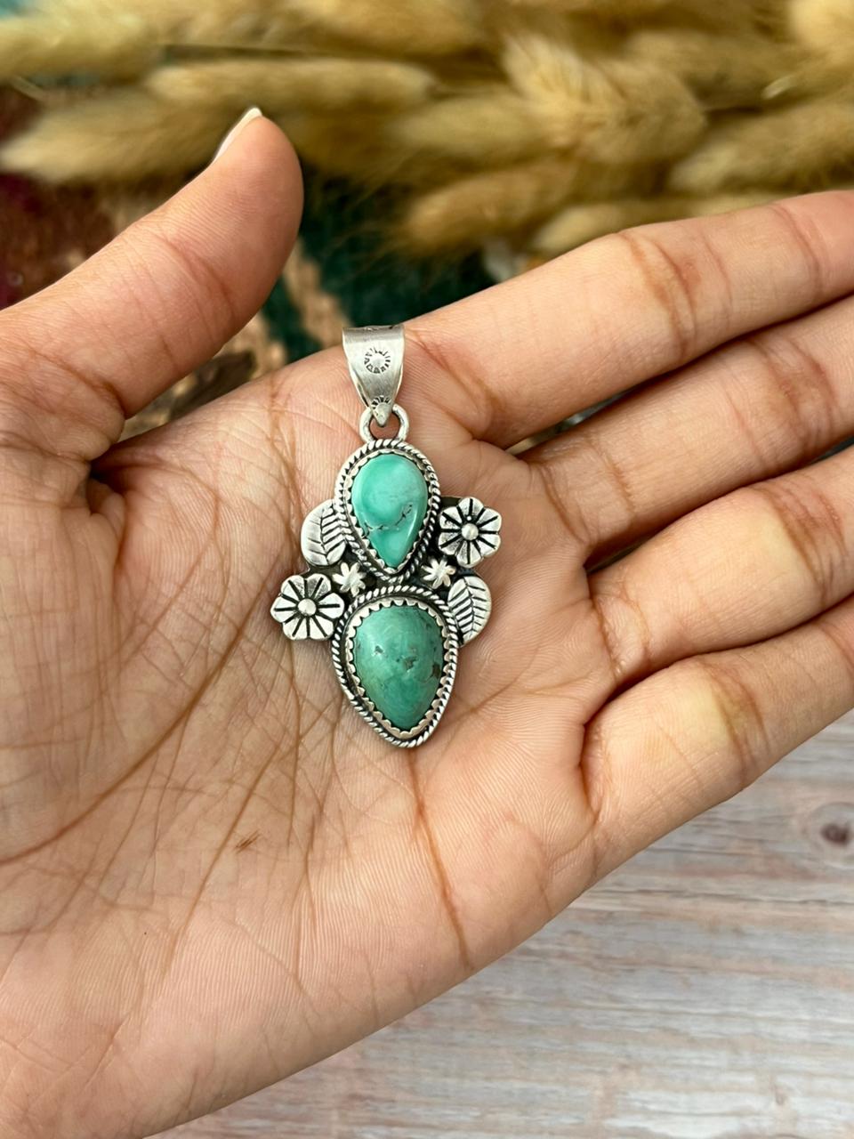 Handmade Sterling Silver Tibetan Turquoise Pendant "Signed Nizhoni"