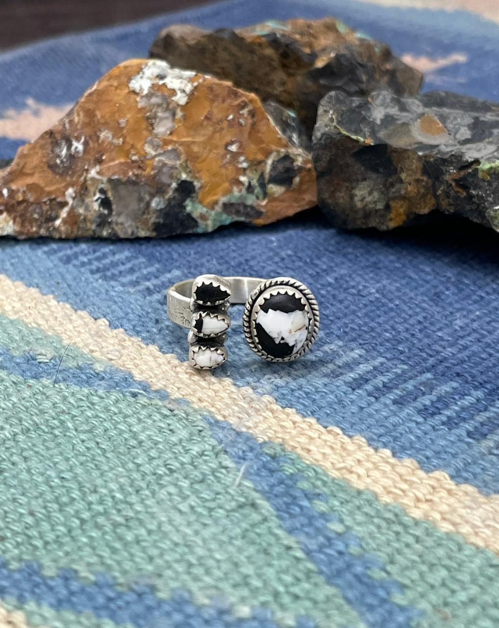 Handmade Sterling Silver White Buffalo Turquoise Adjustable Ring " Signed Nizhoni"