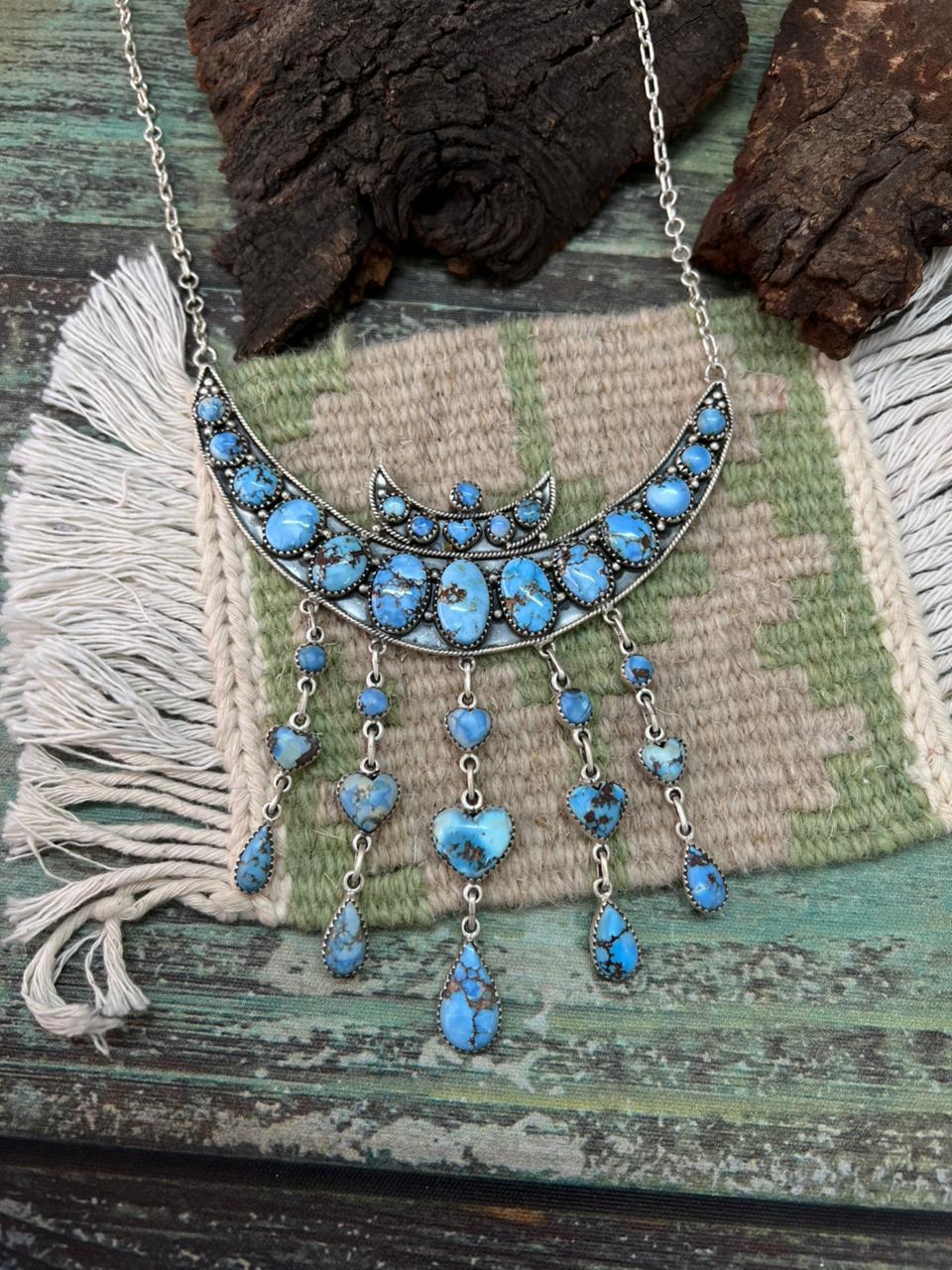 Handmade Sterling Silver Golden Hills Turquoise Choker Moon Necklace "Signed Nizhoni"