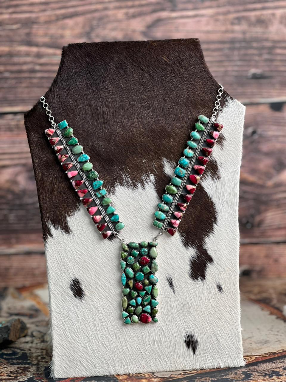 Handmade Sterling Silver Dahlia Rose with Emerald Valley Turquoise Necklace "Signed Nizhoni"