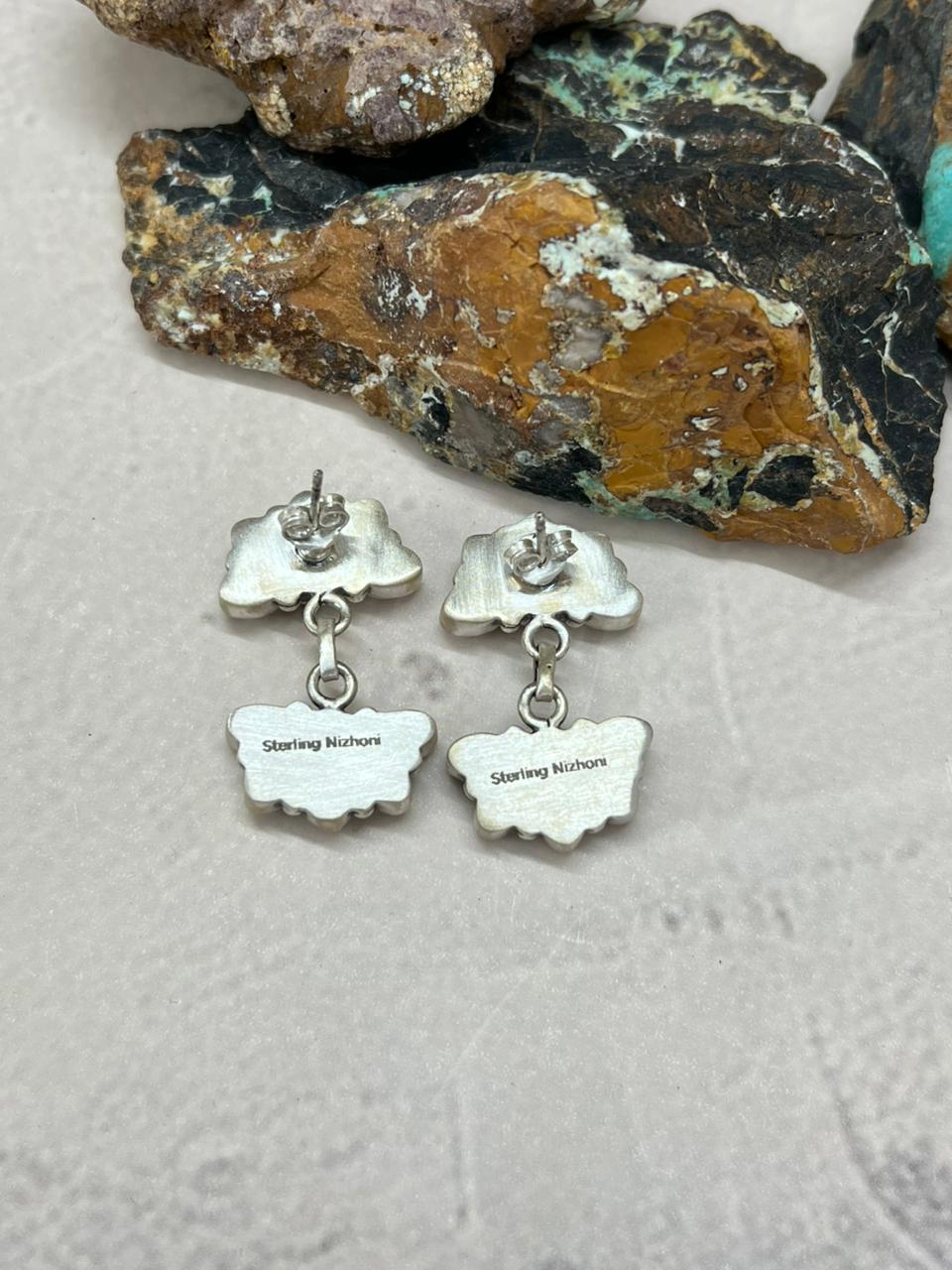Handmade Sterling Silver White Buffalo Post Earrings "Signed Nizhoni"