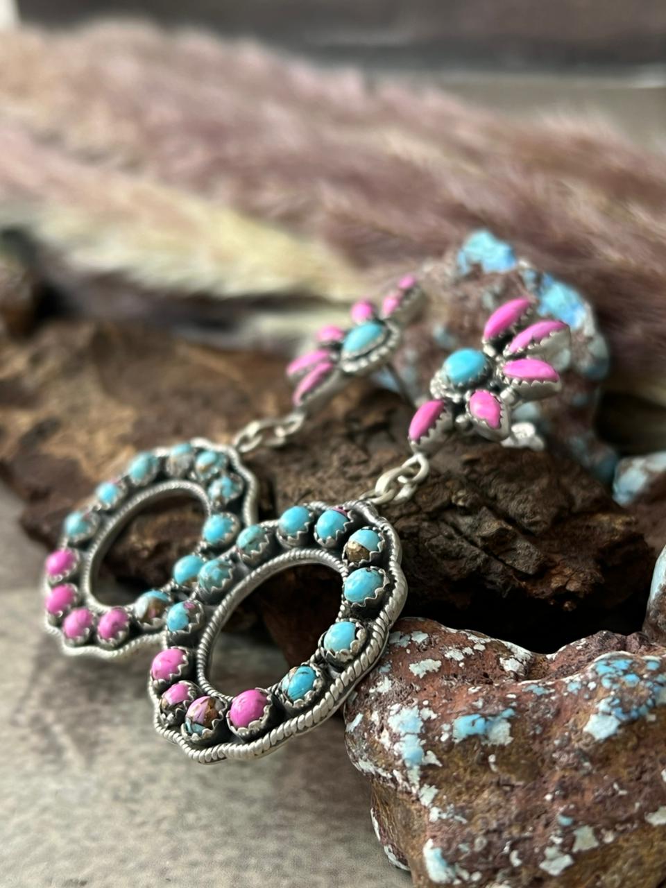 Handmade Sterling Silver Cotton Candy Post Hoop Dangle Earrings "Signed Nizhoni"