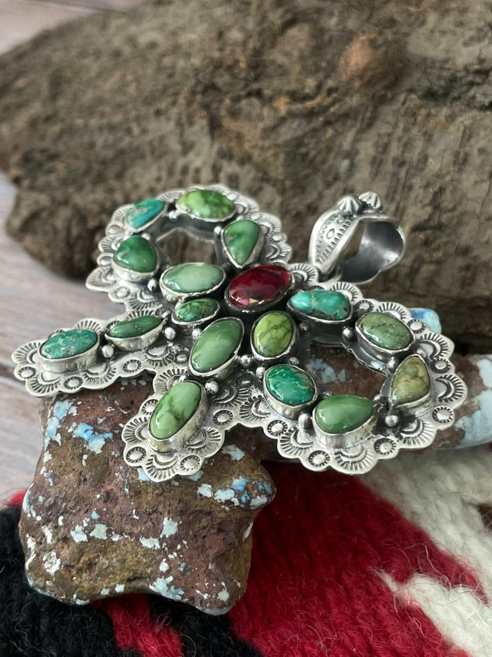 Handmade Sterling Silver Dahlia Rose with Emerald Valley Turquoise Pendant "Signed Nizhoni"