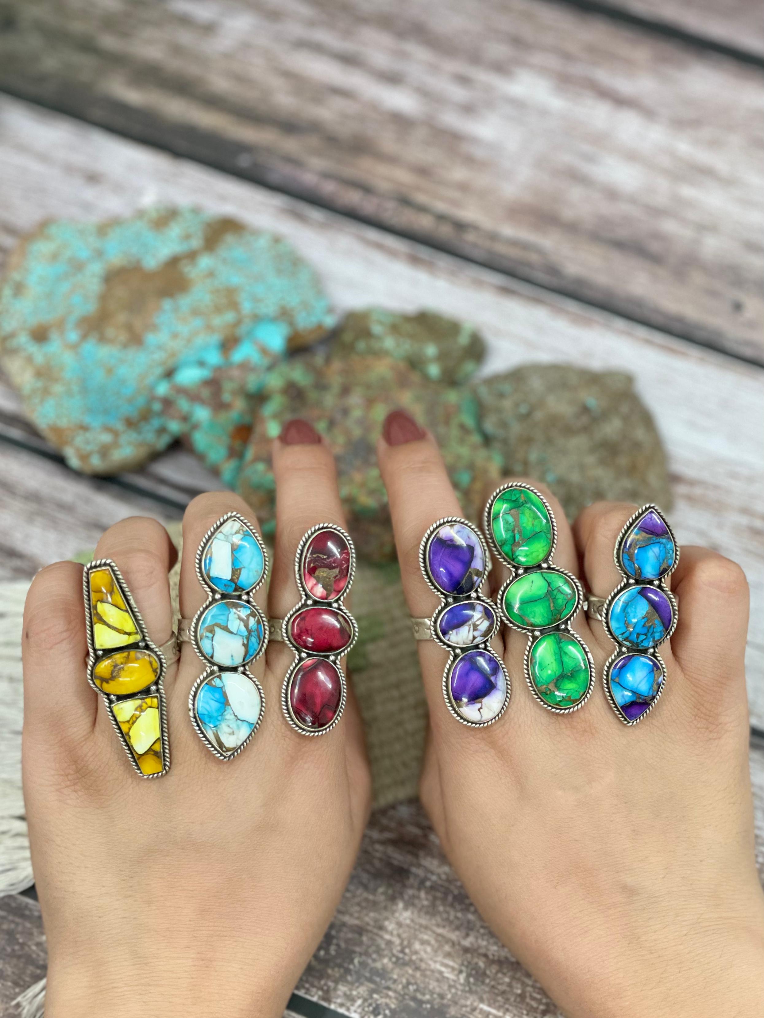 Handmade Sterling Silver Multi Stones Adjustable Ring with Signed Nizhoni