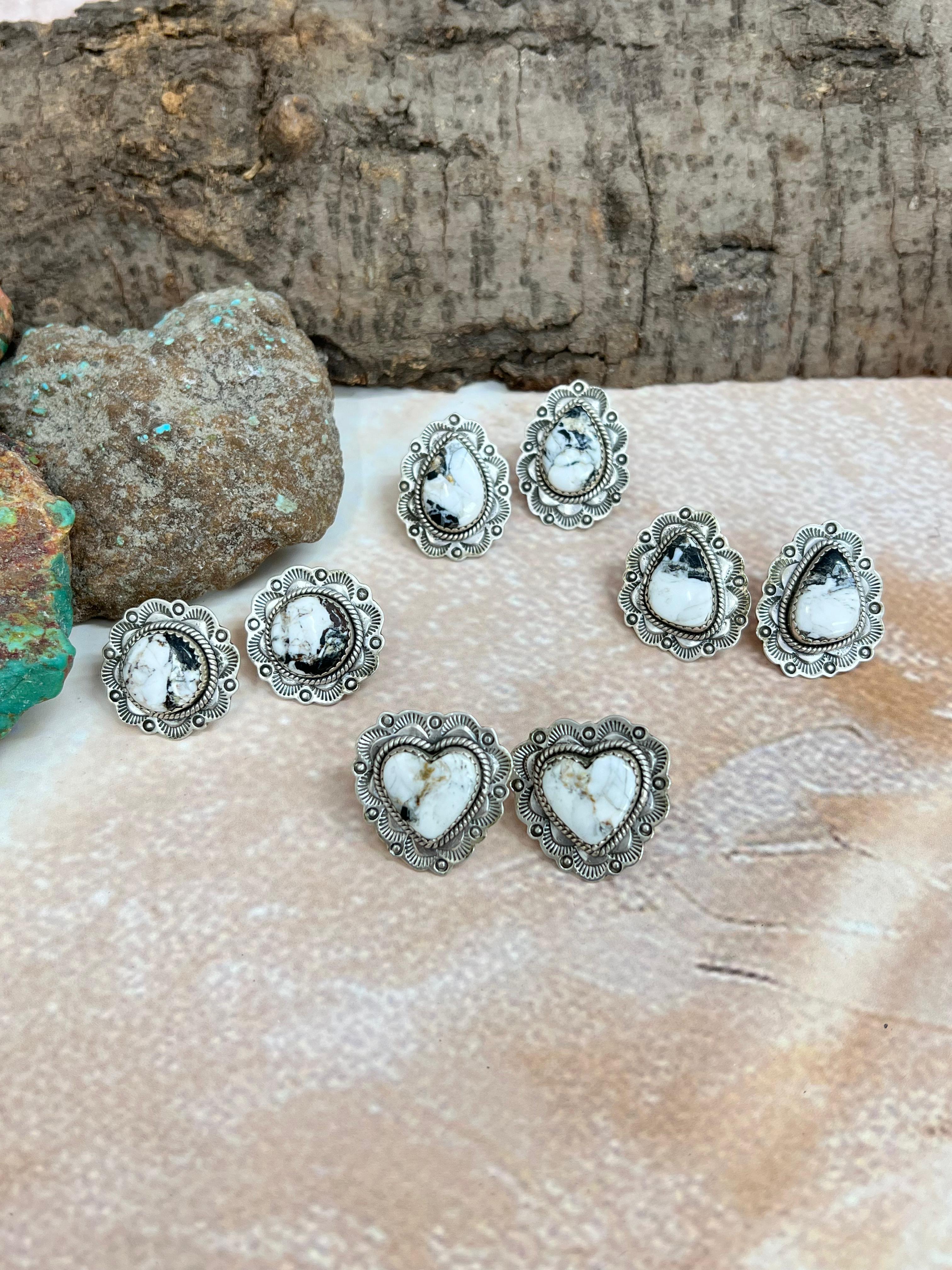 Handmade Sterling Silver White Buffalo Turquoise Post Earrings with Signed Nizhoni (9)