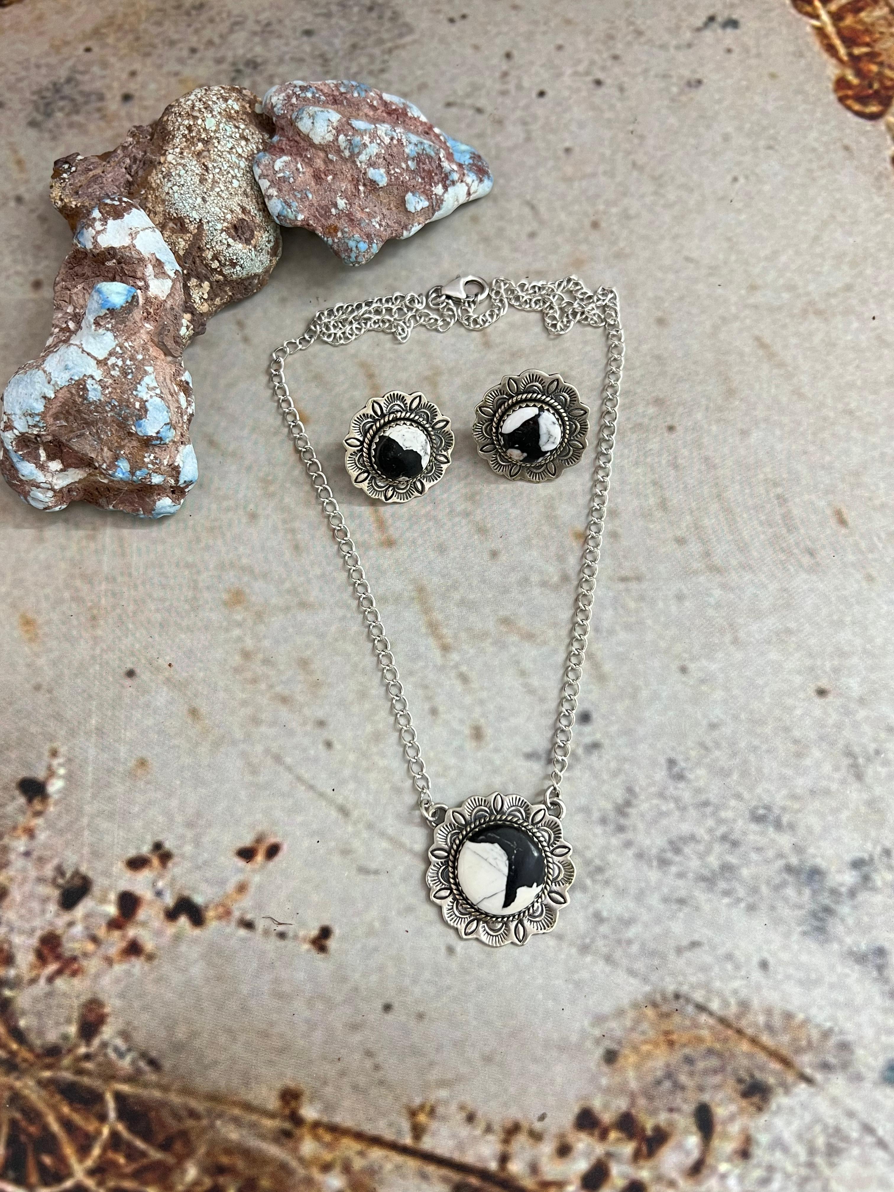 Handmade Sterling Silver White Buffalo Necklace Earrings Set with Signed Nizhoni