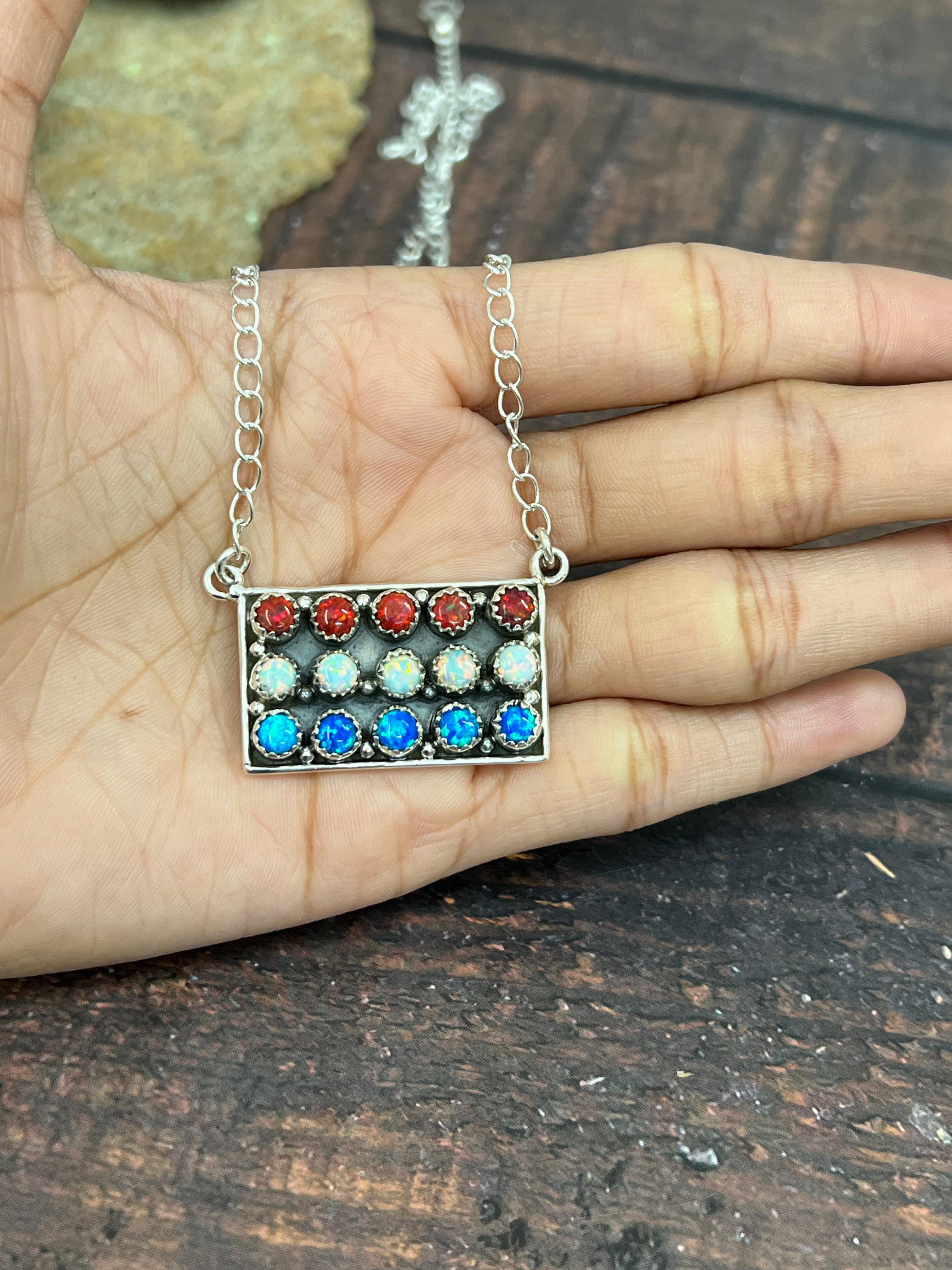 ** 4TH OF JULY ** Handmade Sterling Silver Synthetic Opal Necklace with Signed Nizhoni