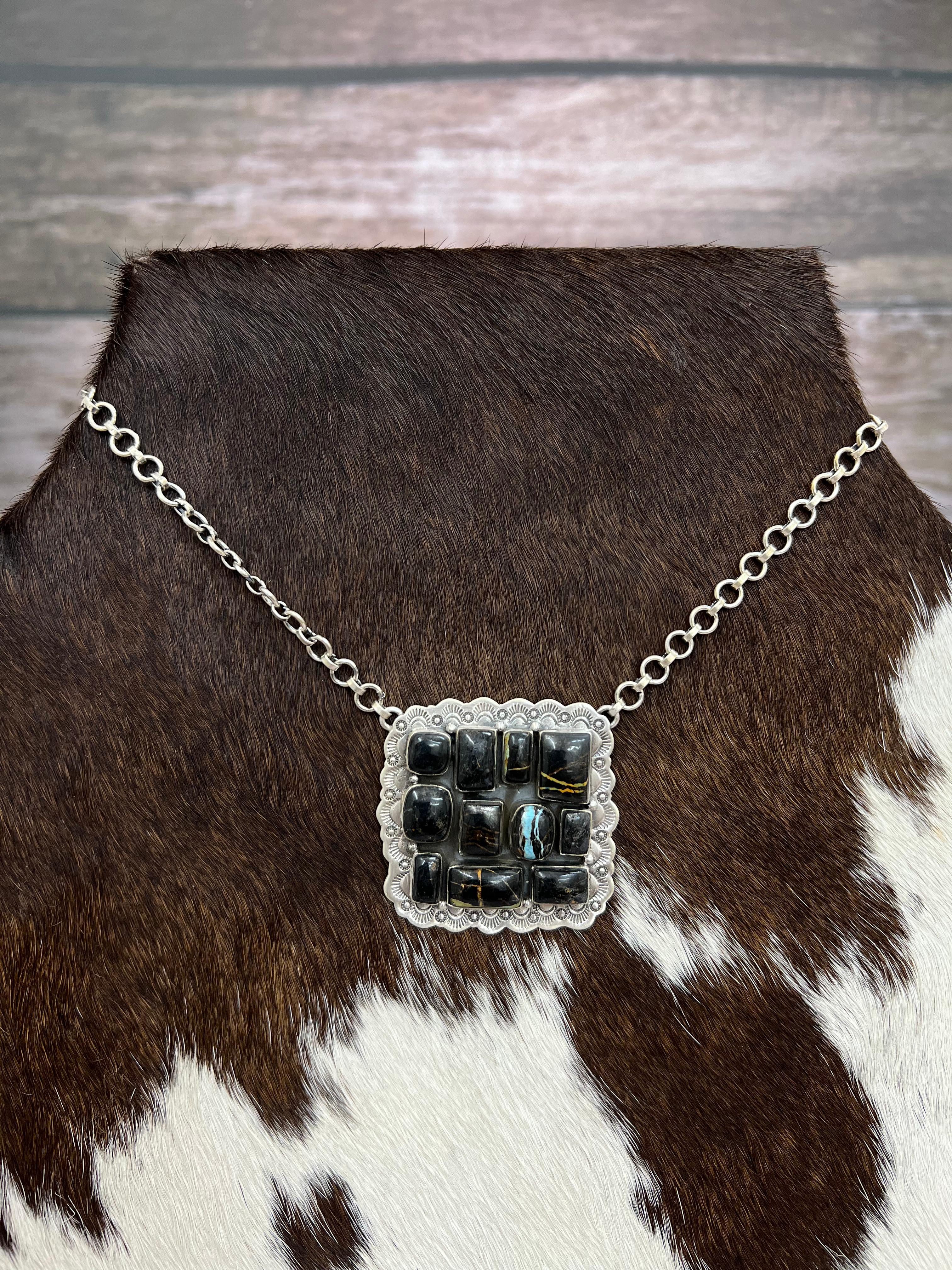 Handmade Sterling Silver Blackjack Turquoise Necklace with Signed Nizhoni