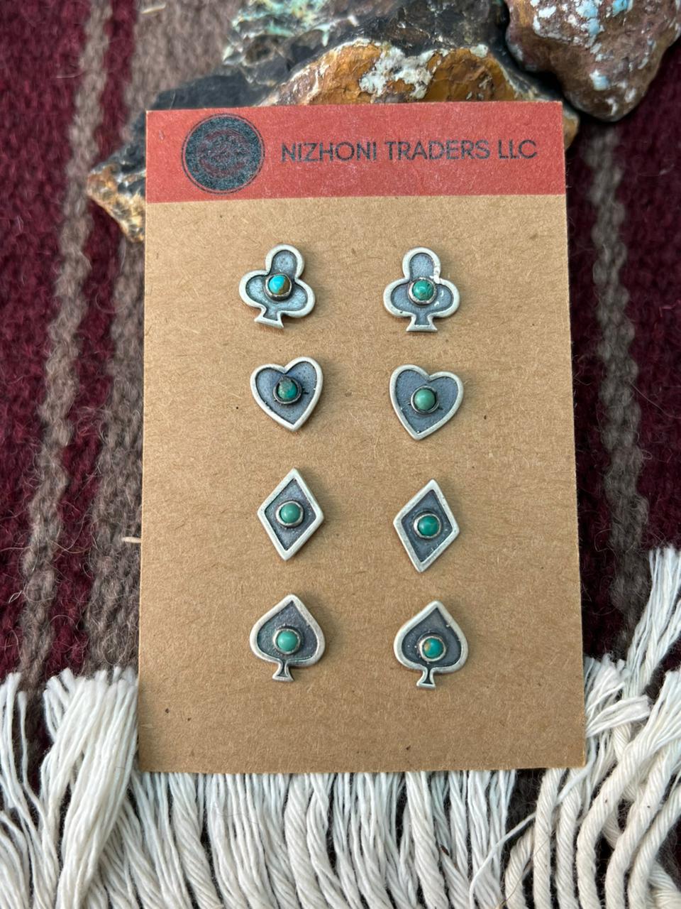 Handmade Sterling Silver Kingman Turquoise Post Studs Spade Earrings Set