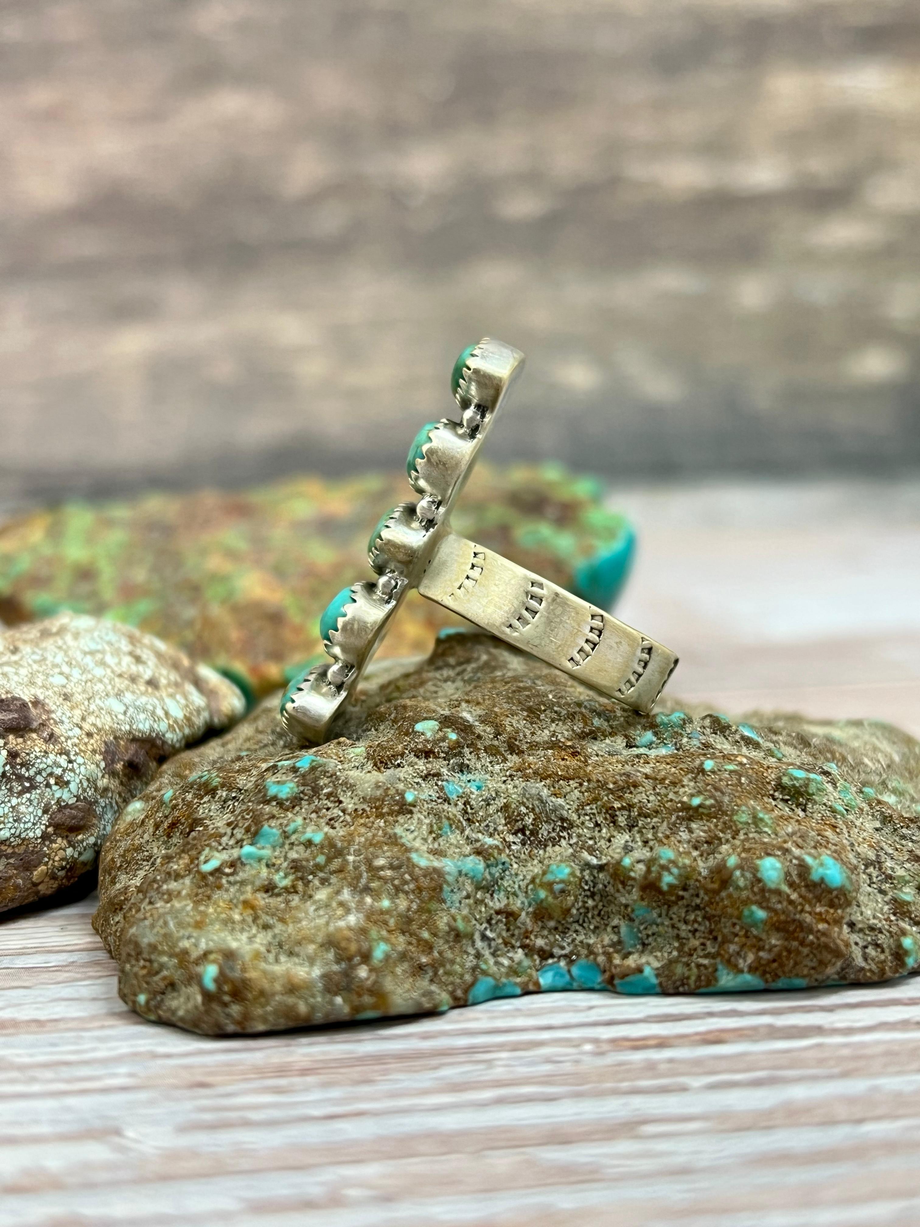 Handmade Sterling Silver Kingman Turquoise Adjustable Ring with Signed Nizhoni