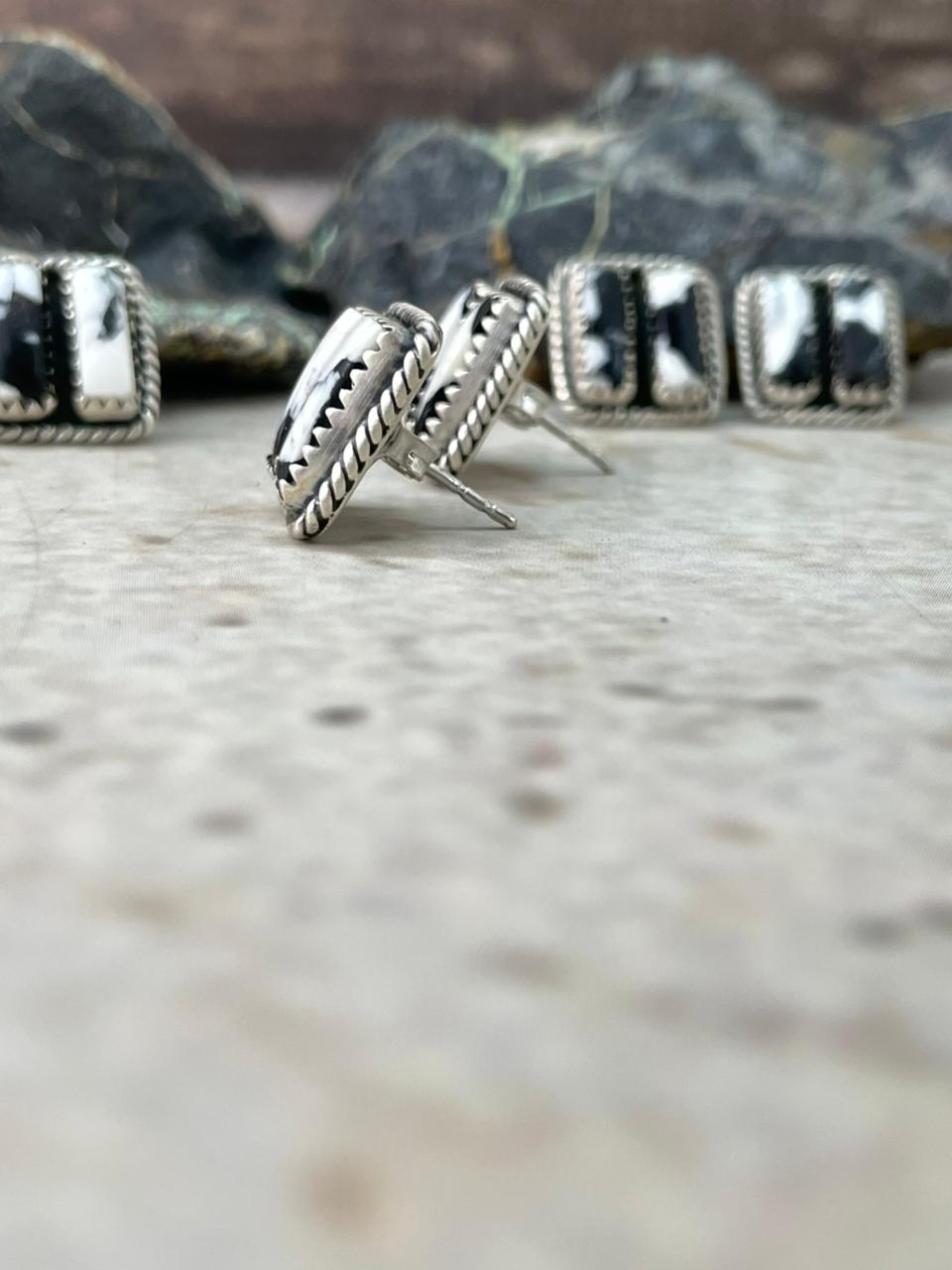 Handmade Sterling Silver White Buffalo Post Studs Earrings "Signed Nizhoni"