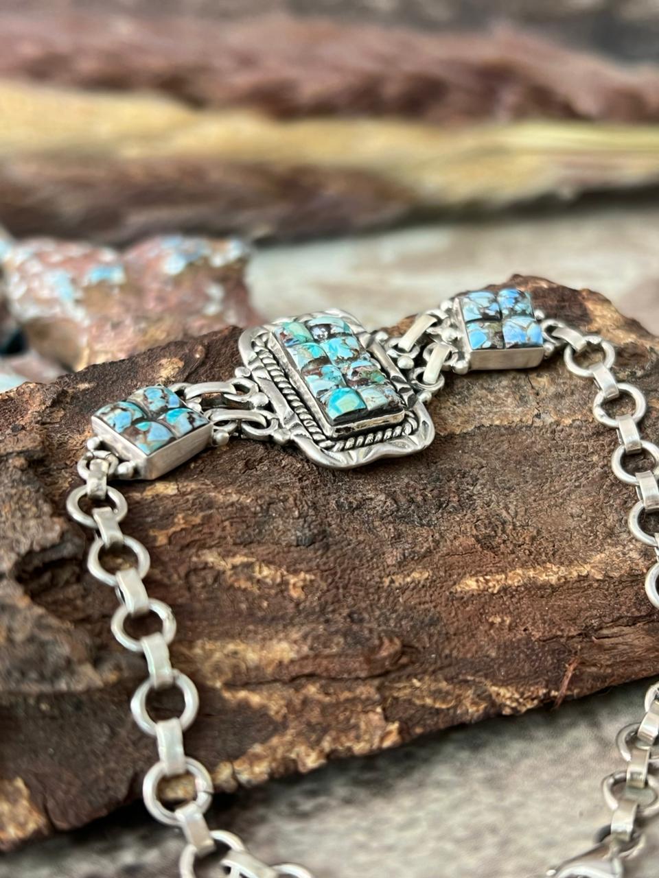 Handmade Sterling Silver Golden Hills Turquoise Cobble Collection Bracelet "Signed Nizhoni"