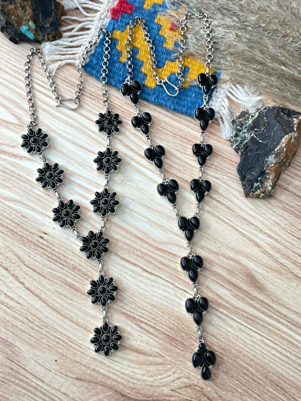 Handmade Sterling Silver Black Onyx Lariat Necklace "Signed Nizhoni"