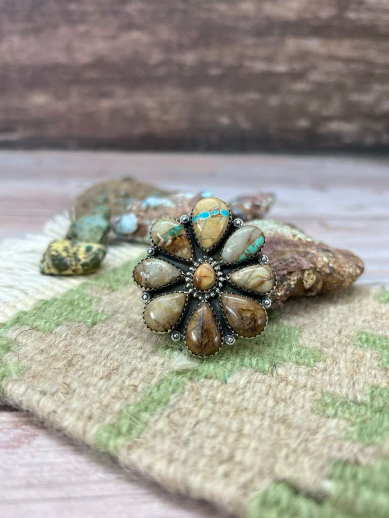 Handmade Sterling Silver Royston Ribbon Turquoise Adjustable Ring "Signed Nizhoni"