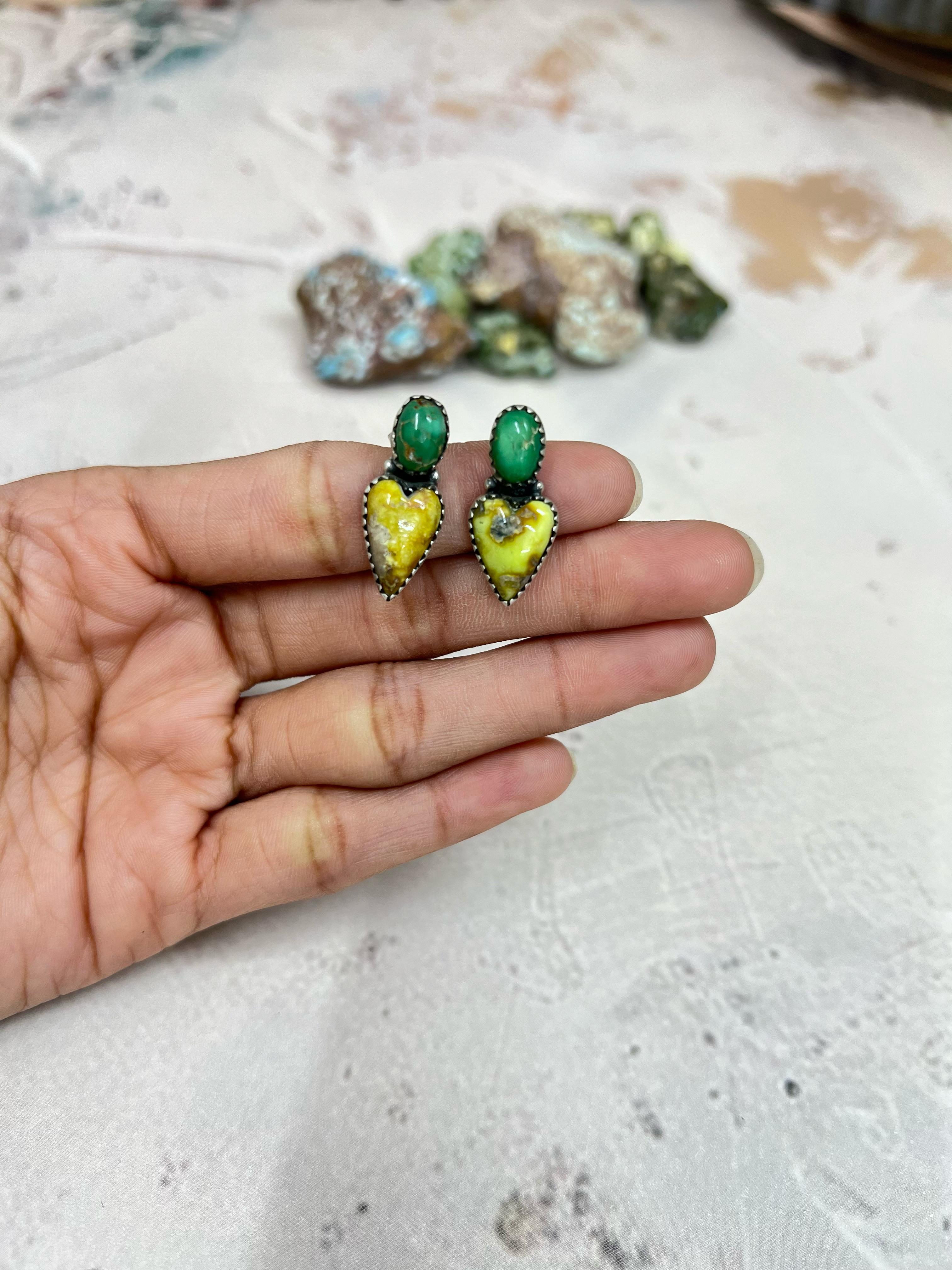 Handmade Sterling Silver Palomino with Sonoran Mountain Turquoise Post Earrings, Signed Nizhoni