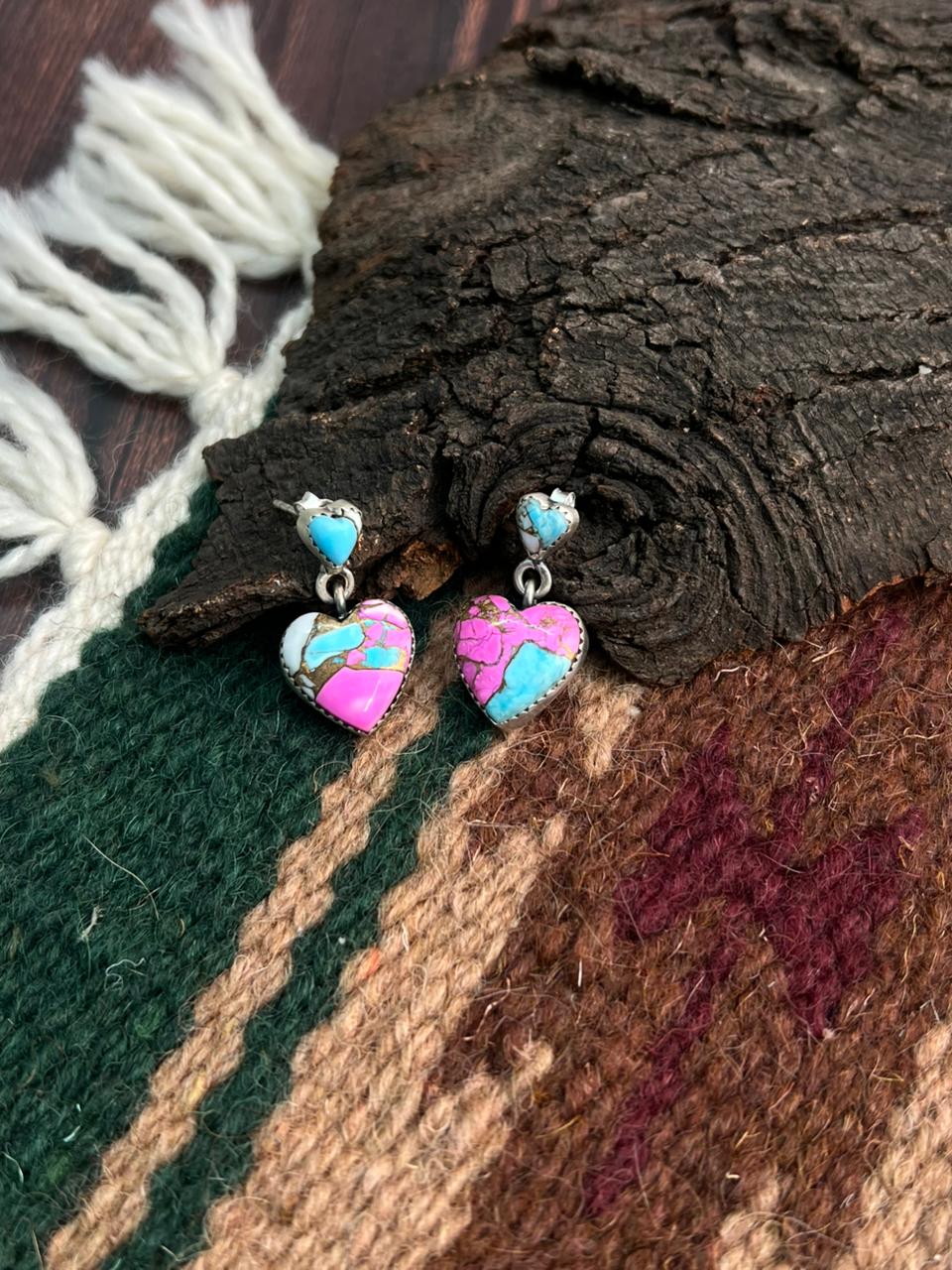 "Heart Collection" Handmade Sterling Silver Cotton Candy Post Dangle Earrings "Signed Nizhoni"