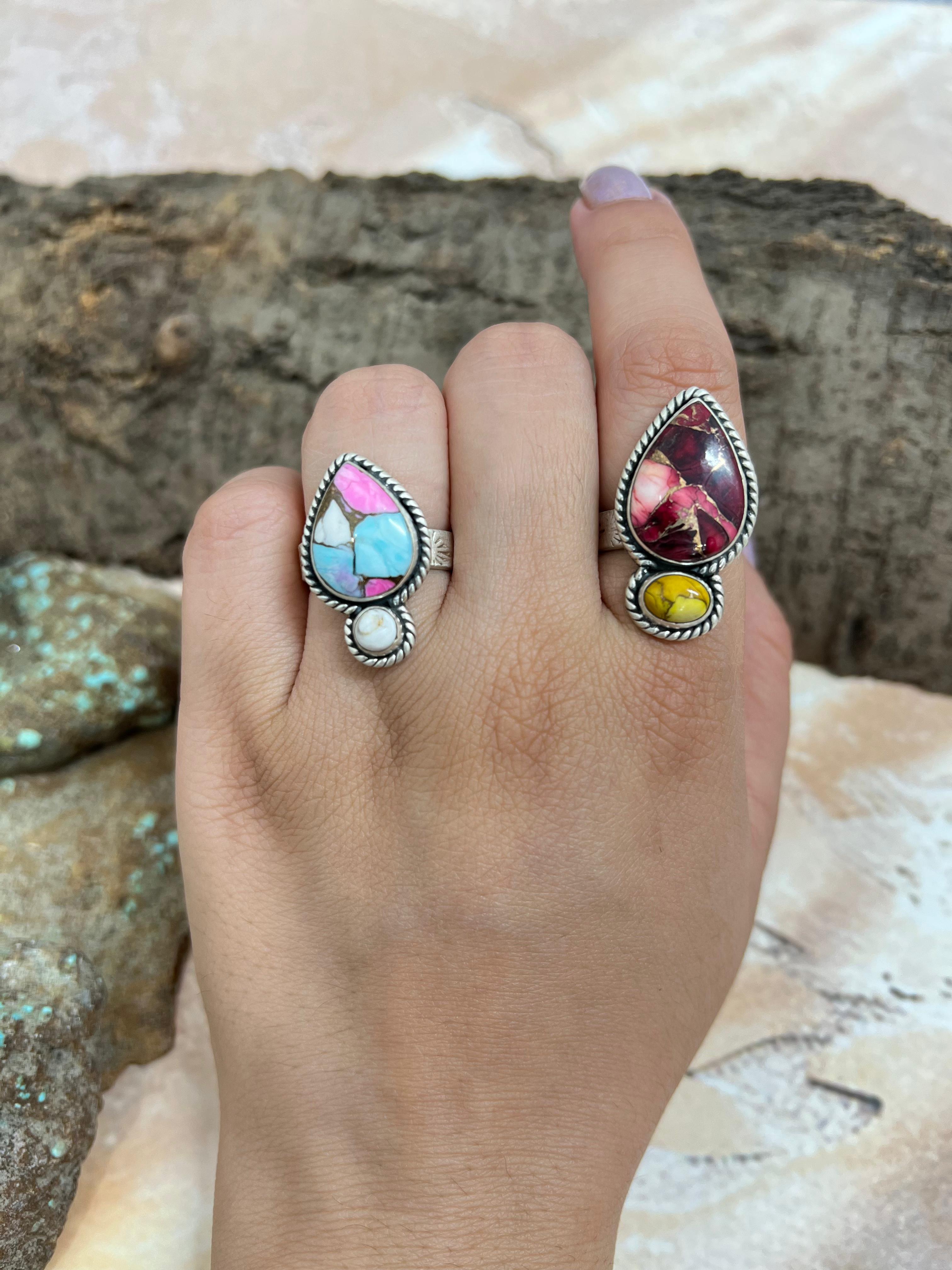 Handmade Sterling Silver Dahlia Rose with Honey Dahlia, Cotton Candy with White Buffalo Turquoise Adjustable Ring, Signed Nizhoni