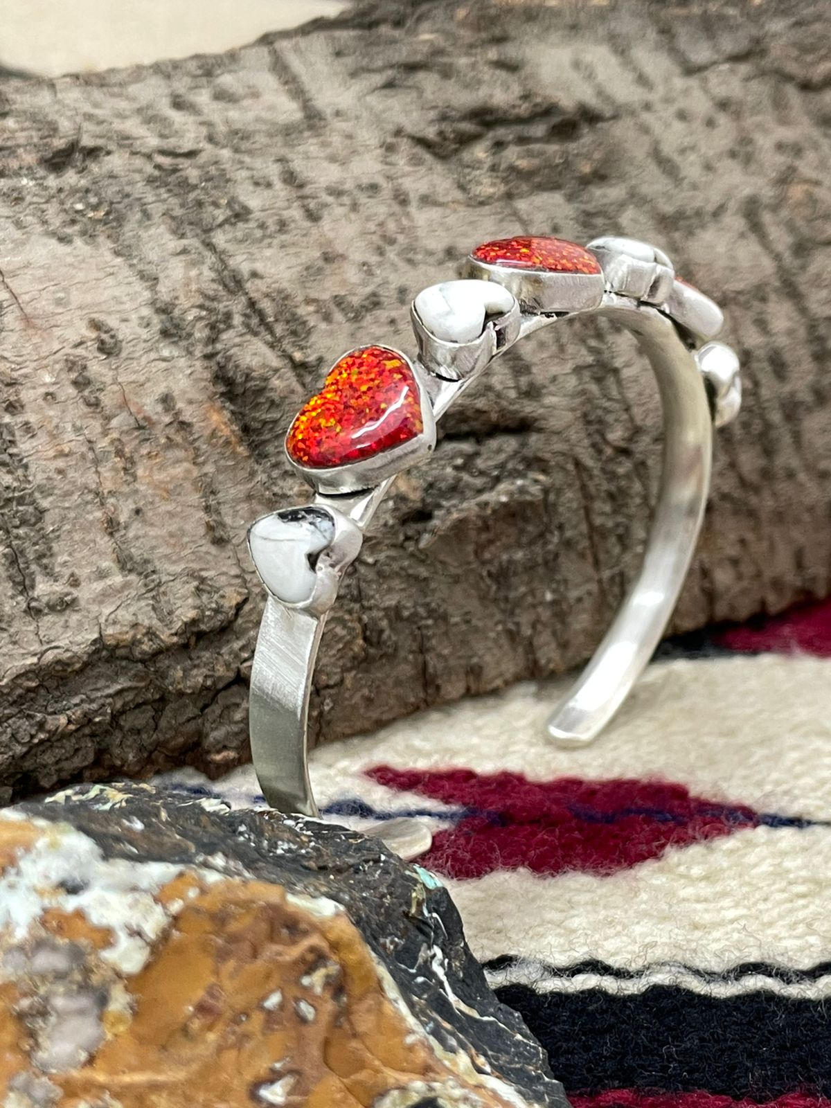 "Christmas Collection" Handmade Sterling Silver White Buffalo With Red Opal Heart Cuff Bracelet "Signed Nizhoni"