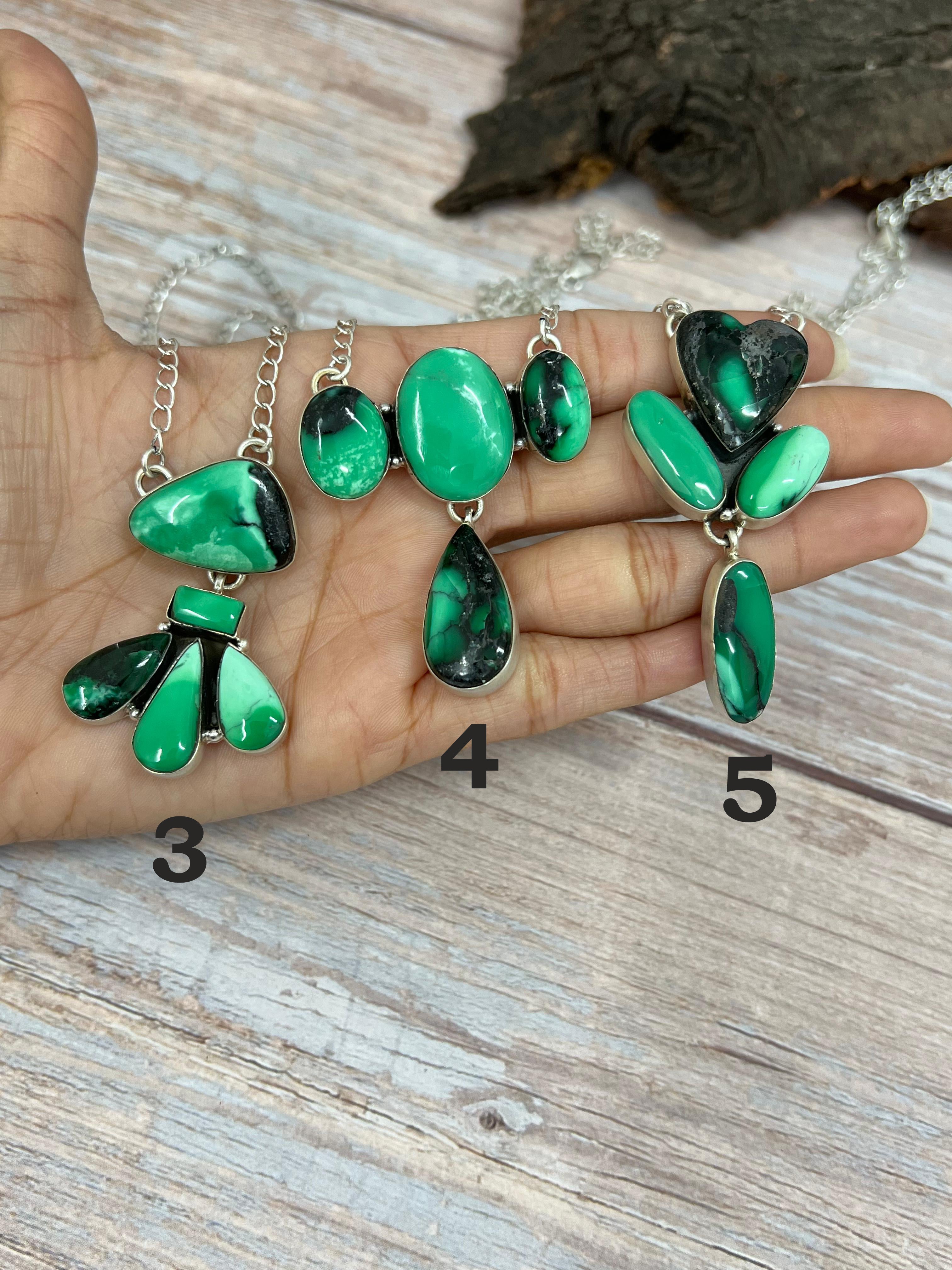 Handmade Sterling Silver Emerald Rose Necklace with Signed Nizhoni