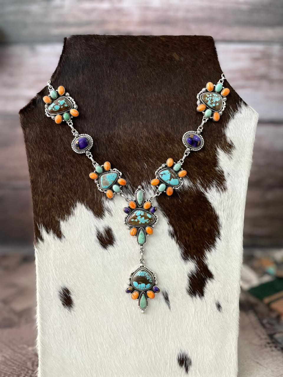 Handmade Sterling Silver Orange Oyster with Grape Dahlia, Number 8 and Variscite Necklace "Signed Nizhoni"