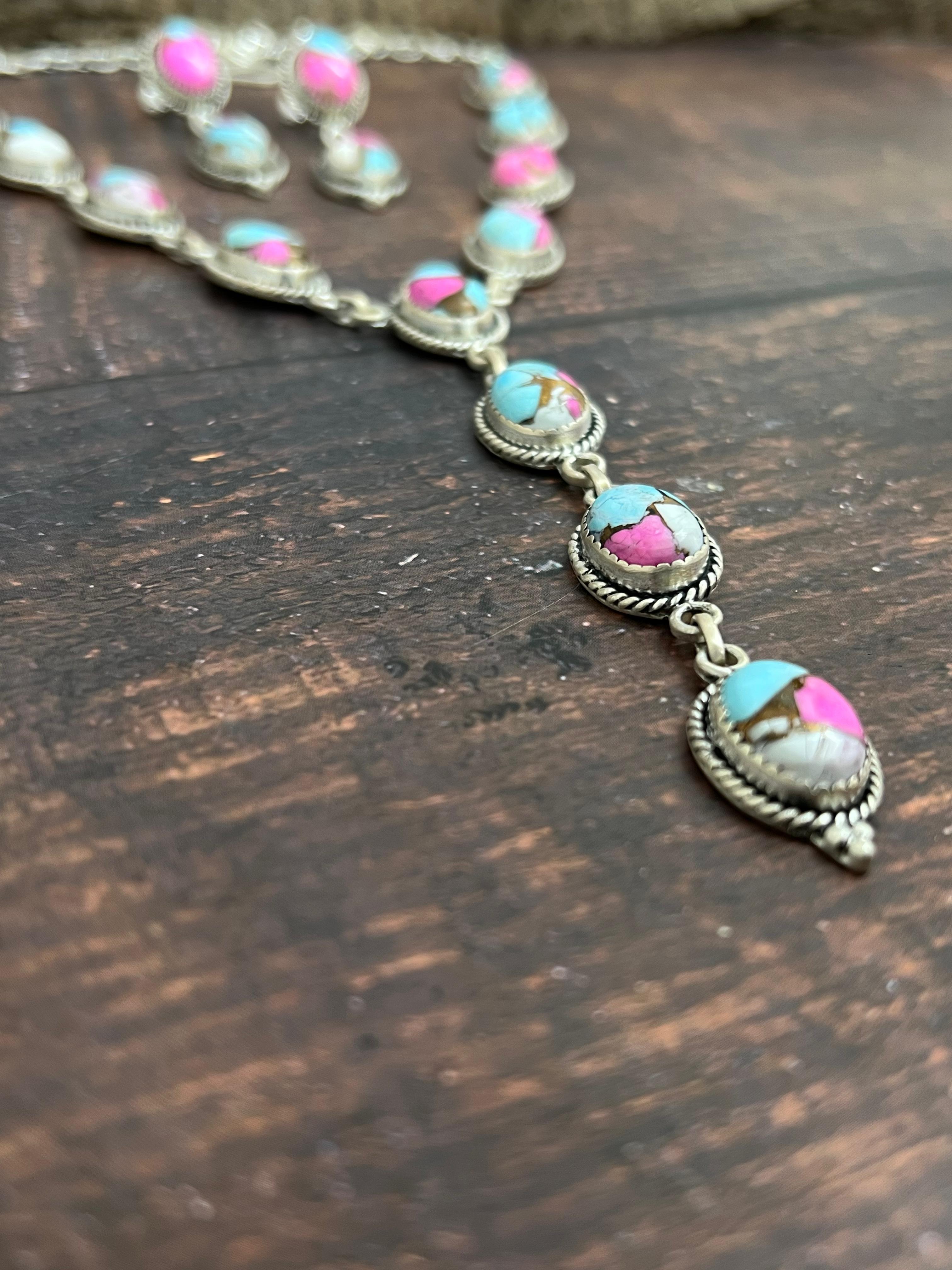 Handmade Sterling Silver Cotton Candy Turquoise Necklace Earrings Set with Signed Nizhoni