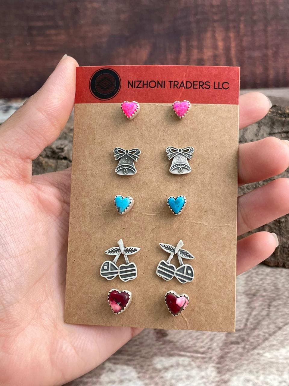 Handmade Sterling Silver Multi Stones Post Studs (Cards) "Signed Nizhoni"