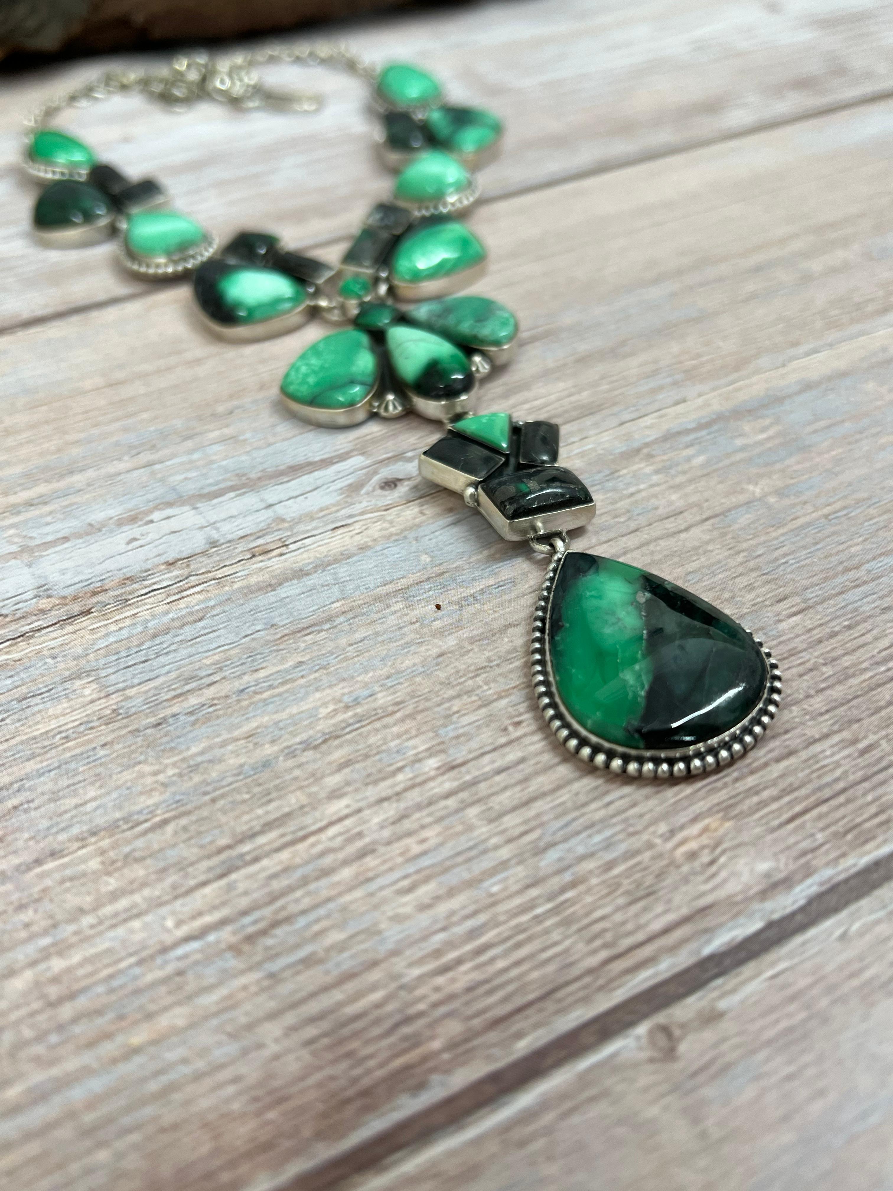 Handmade Sterling Silver Emerald Rose Necklace with Signed Nizhoni