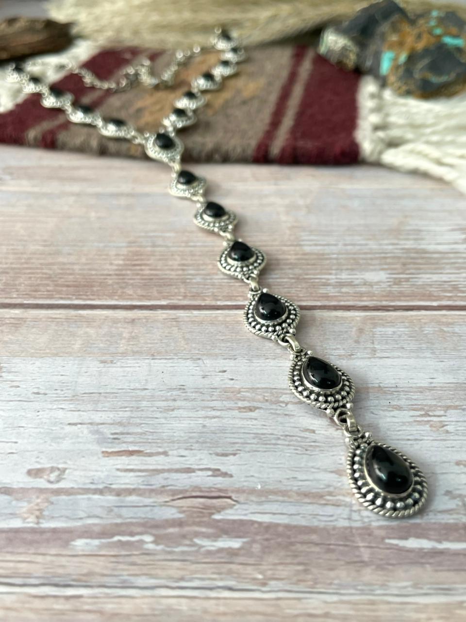 Handmade Sterling Silver Black Onyx 'Y Shaped' Necklace "Signed Nizhoni"
