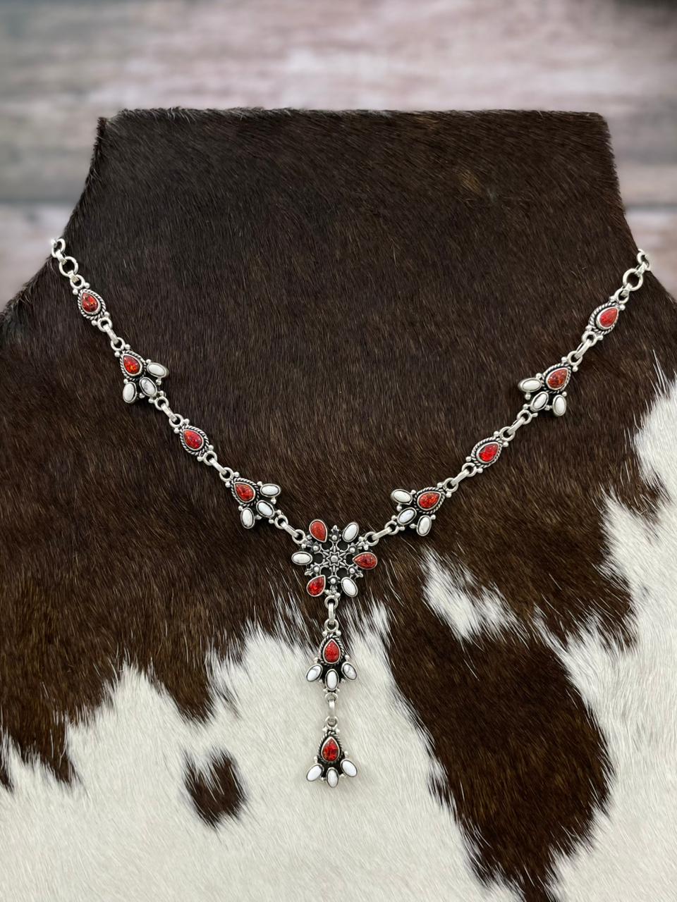 Handmade Sterling Silver White Buffalo with Red Opal Lariat Necklace "Signed Nizhoni"