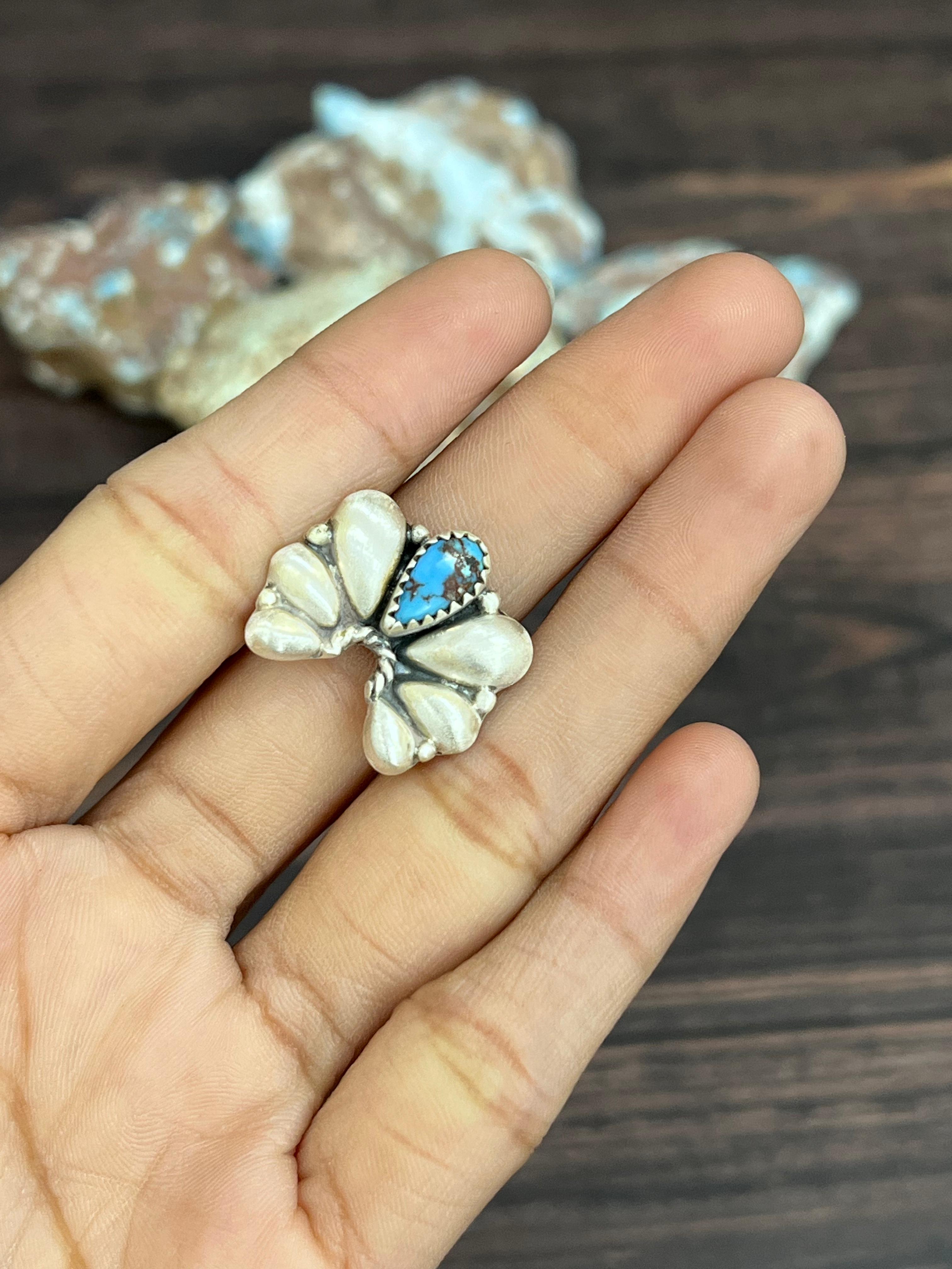 Handmade Sterling Silver with Golden Hills Turquoise Adjustable Ring With Signed Nizhoni