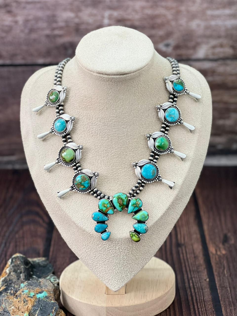 Handmade Sterling Silver Beaded Sonoran with White Water Squash Blossom Necklace "Signed Nizhoni"