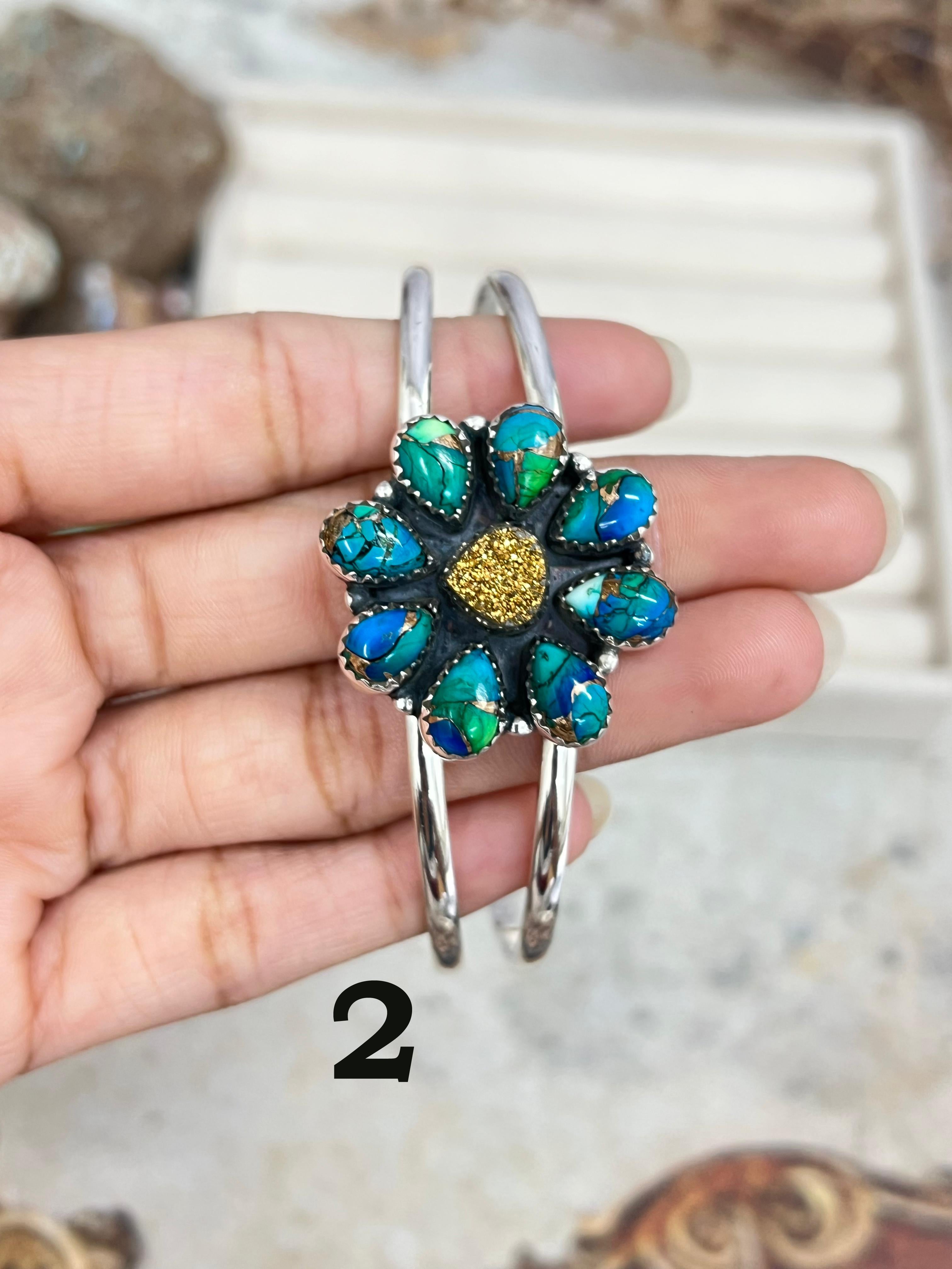 Handmade Sterling Silver Peacock Dahlia with Druzy, Dahlia Rose with Druzy Cuff Bracelet, Signed Nizhoni