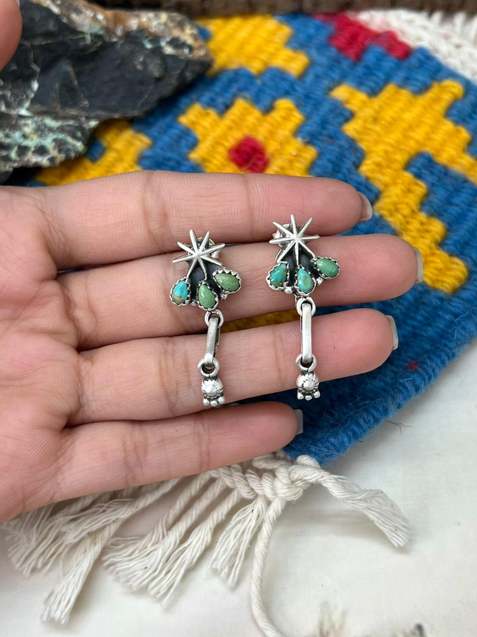 Handmade Sterling Silver Kingman Turquoise Post Dangle Earrings "Signed Nizhoni"