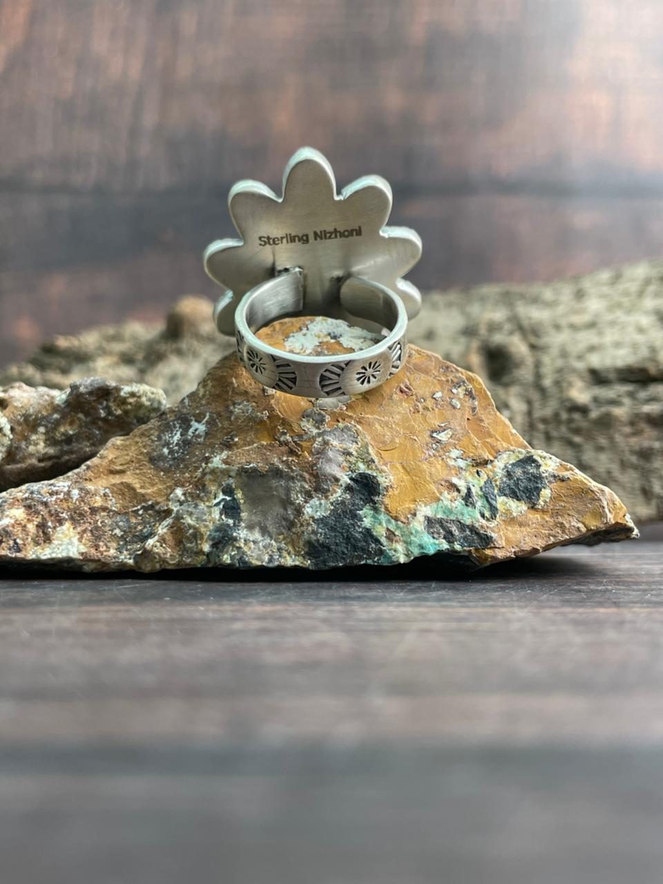 Handmade Sterling Silver White Buffalo Adjustable Ring "Signed Nizhoni"