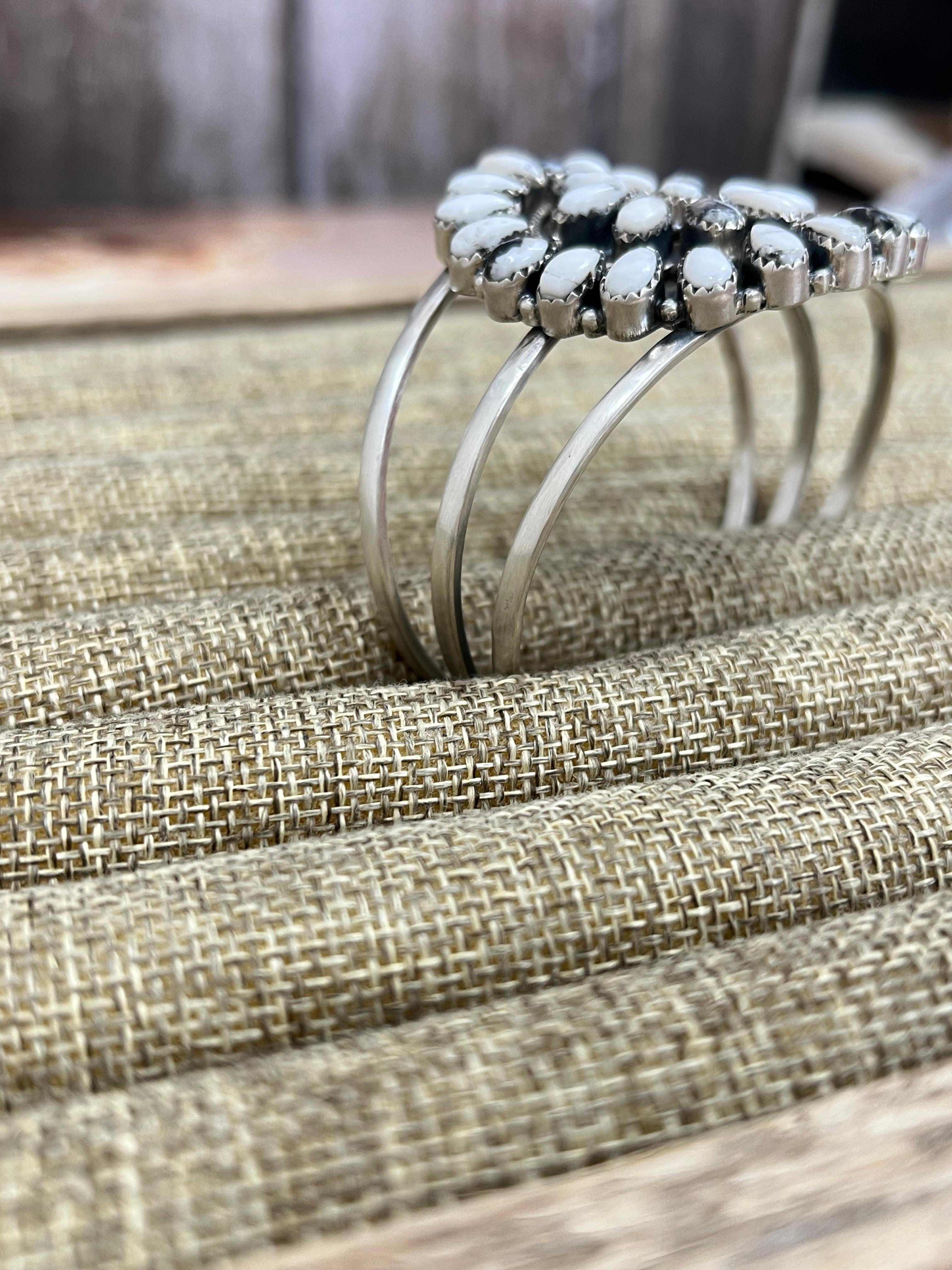 Handmade Sterling Silver White Buffalo Turquoise Cuff Bracelet with Signed Nizhoni