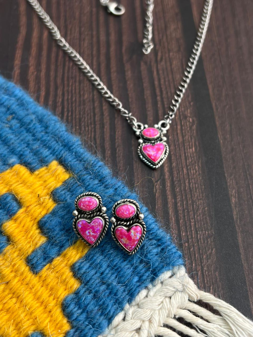Handmade Sterling Silver Hot Pink Necklace Earrings Set "Signed Nizhoni"