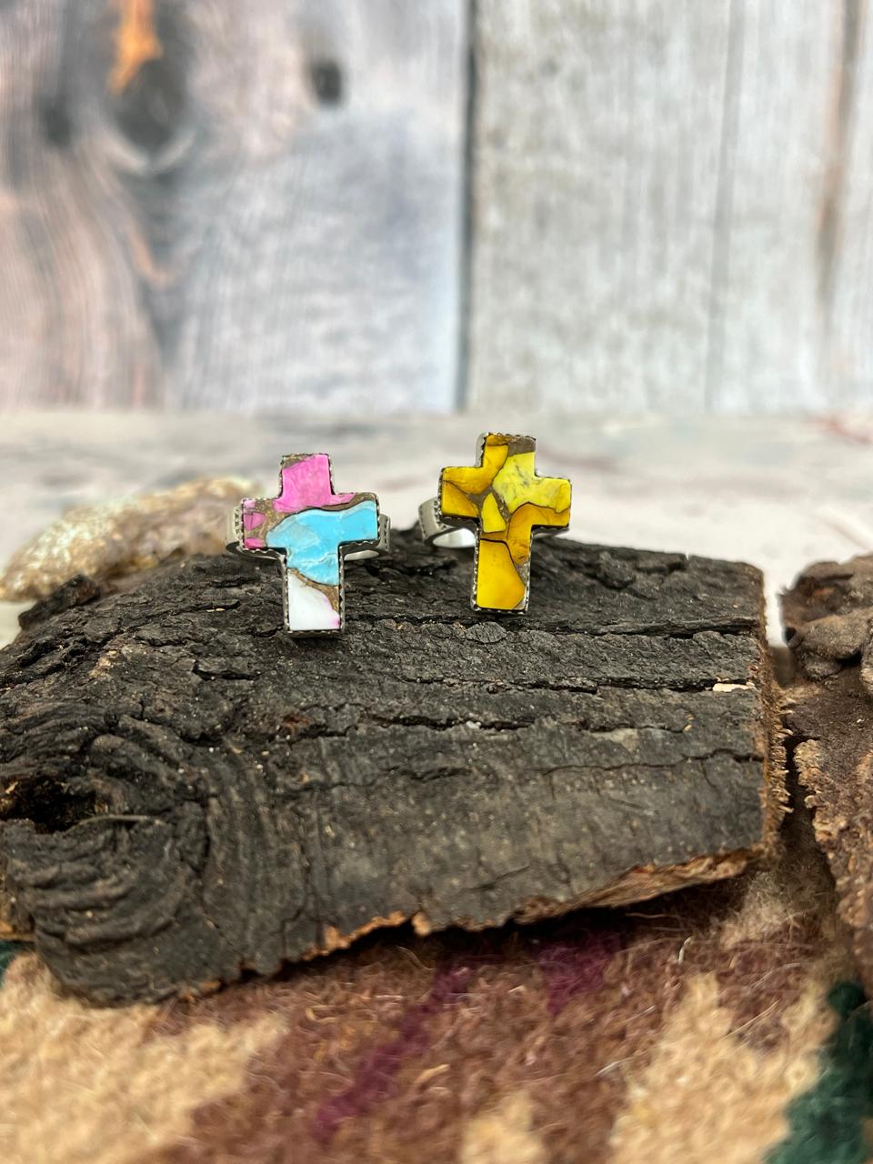 Handmade Sterling Silver Honey Dahlia, Cotton Candy Turquoise Cross Adjustable Ring with Signed Nizhoni