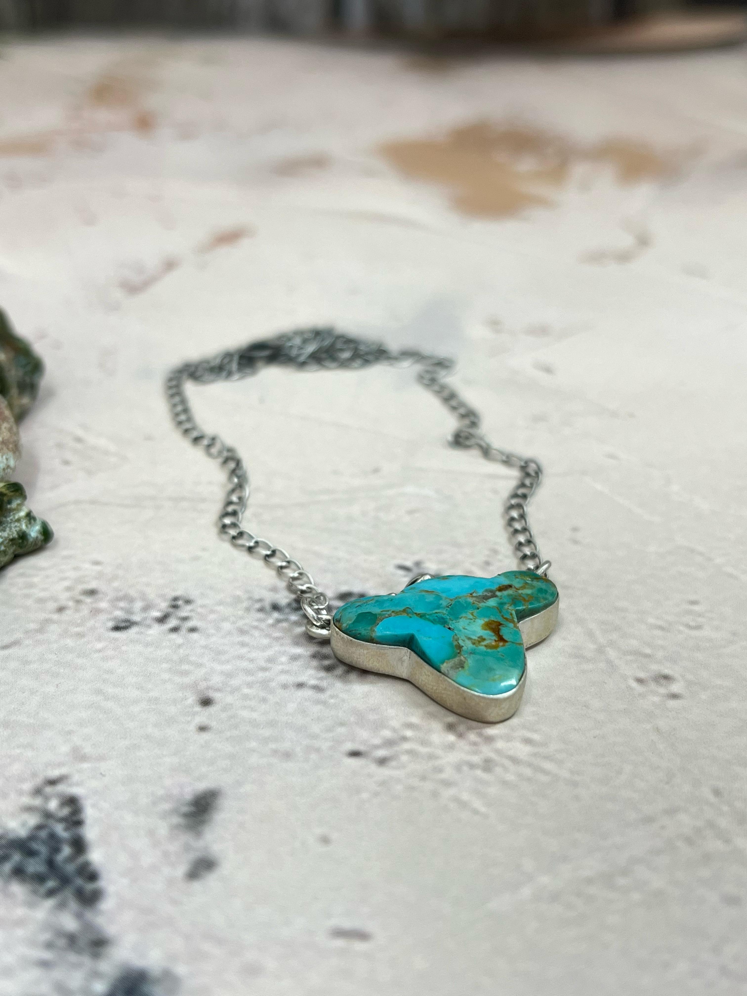 Handmade Sterling Silver Kingman Turquoise Cowhead Necklace with Signed Nizhoni