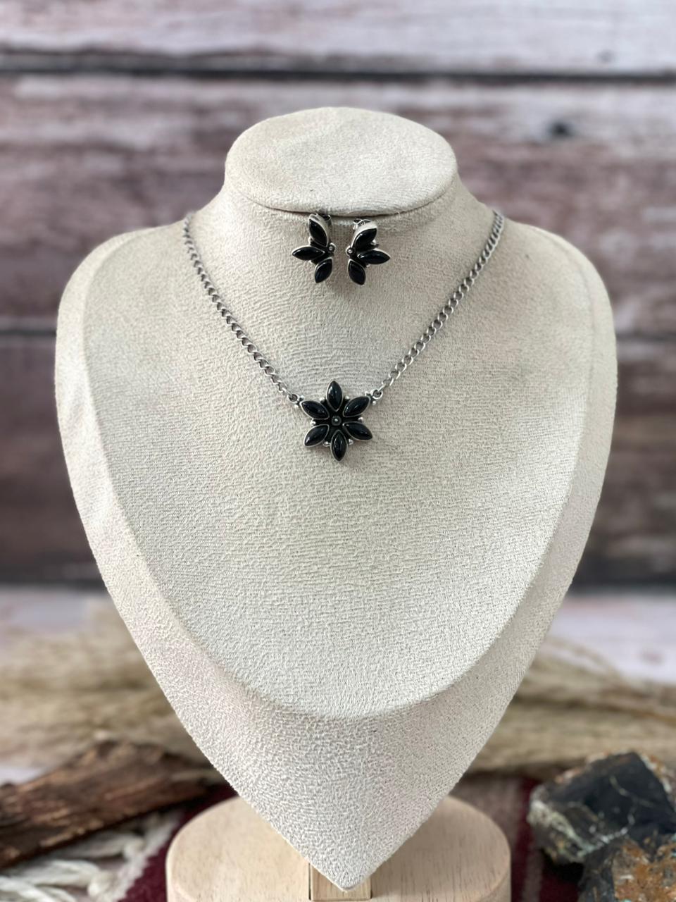 Handmade Sterling Silver Black Onyx Necklace Earrings Set "Signed Nizhoni"