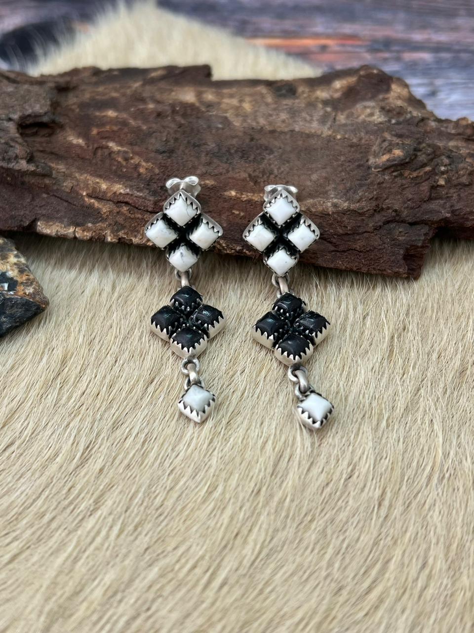 Handmade Sterling Silver White Buffalo Post Dangle Earrings "Signed Nizhoni" (8)