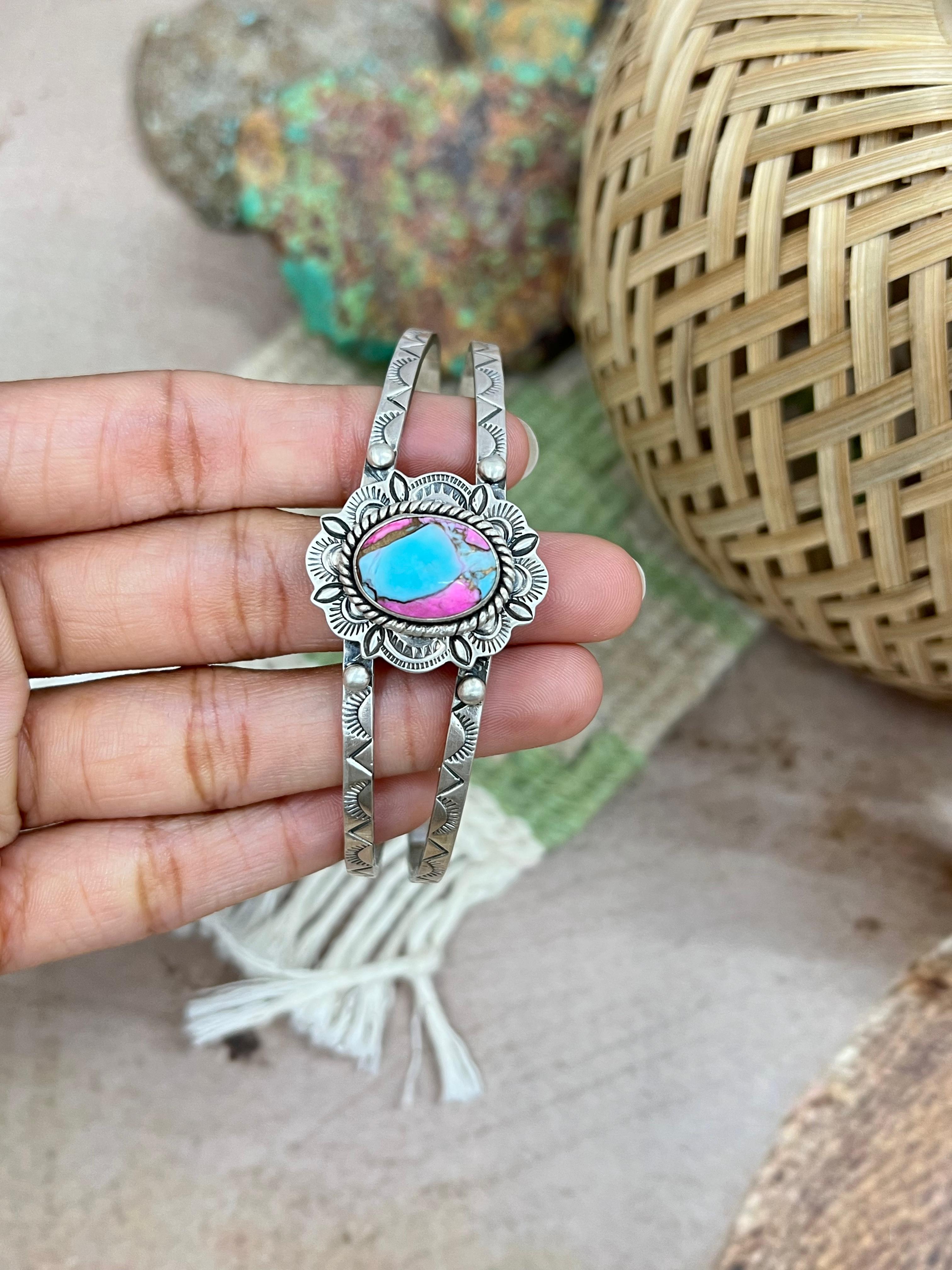 Handmade Sterling Silver Cotton Candy Turquoise Cuff Bracelet with Signed Nizhoni