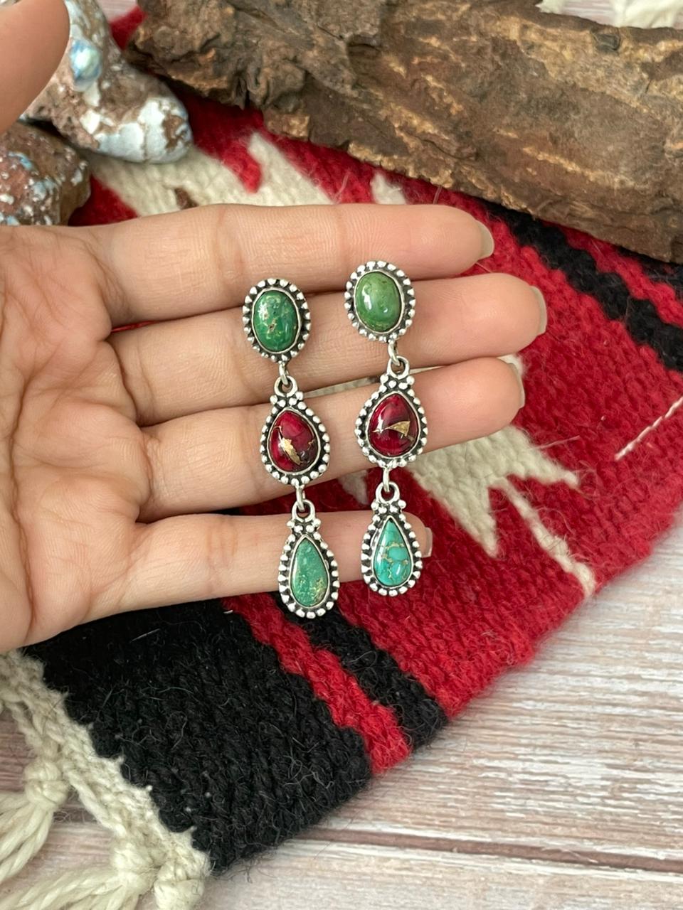 Handmade Sterling Silver Dahlia Rose with Emerald Valley Turquoise Post Earrings "Signed Nizhoni"