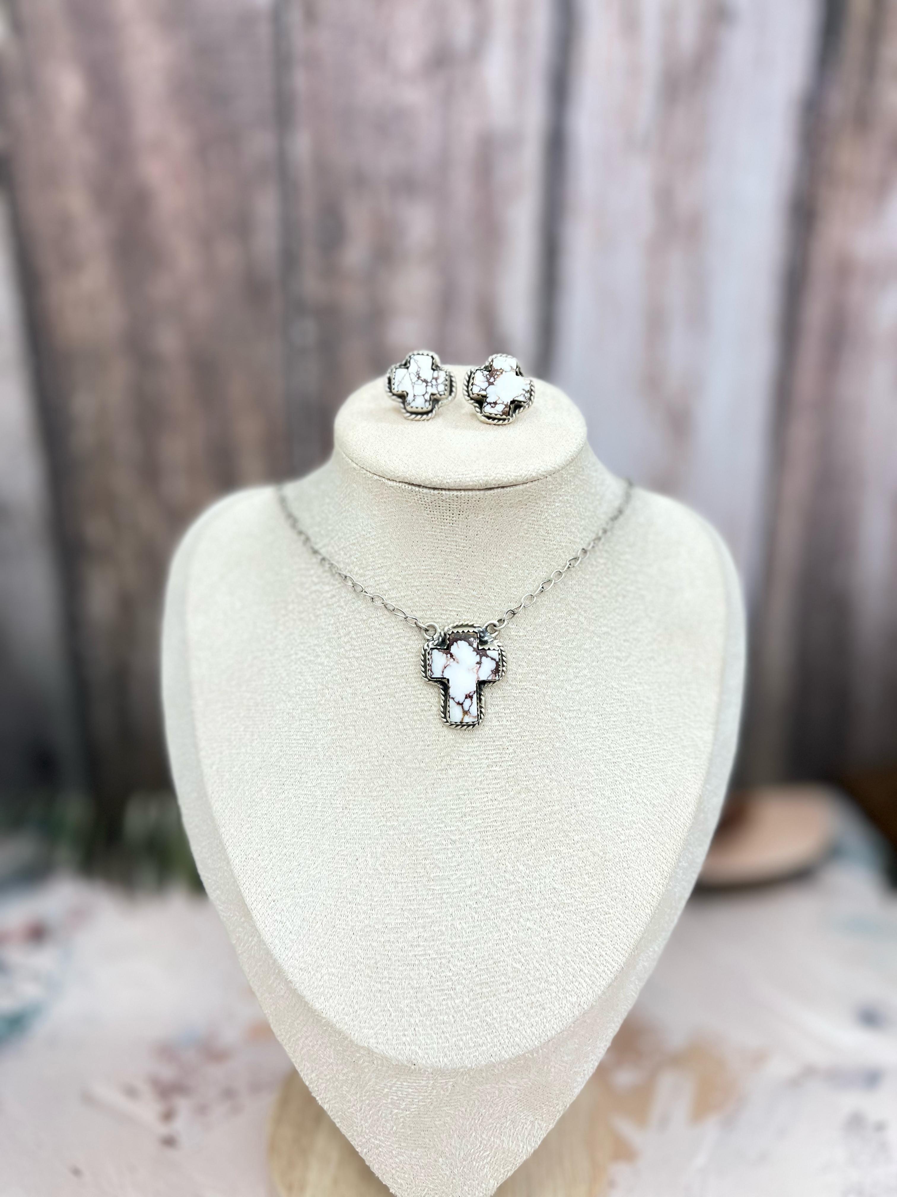 Handmade Sterling Silver Wild Horse Cross Necklace Earrings Set with Signed Nizhoni